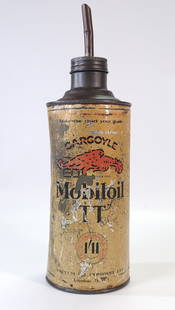 GARGOYLE MOBILOIL TT CAN W/ SPOUT: REMAINS IN FAIR CONDITION, SHOWING WEAR WITH SCRATCHES AND DENTS.