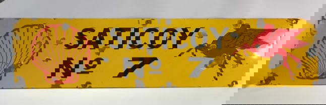 SHELL SATICOY PEGASUS PORCELAIN SIGN: REMAINS IN FAIR TO GOOD USED CONDITION, SHOWING CHIPS TO THE PORCELAIN THROUGHOUT.
