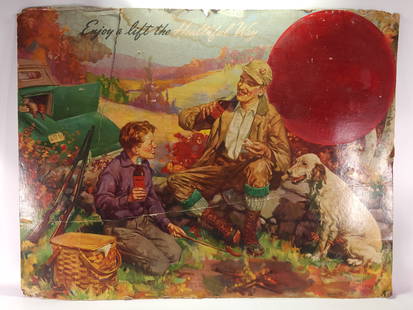 EARLY MOXIE CARDBOARD ADVERTISING SODA SIGN: REMAINS IN FAIR CONDITION, SHOWING WEAR THROUGHOUT. ROUGH EDGES AND TEAR.