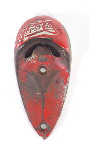 CAST IRON TEARDROP PEPSI COLA BOTTLE OPENER WALL MOUNT: REMAINS IN FAIR CONDITION, SHOWING APPLIED PAINT.