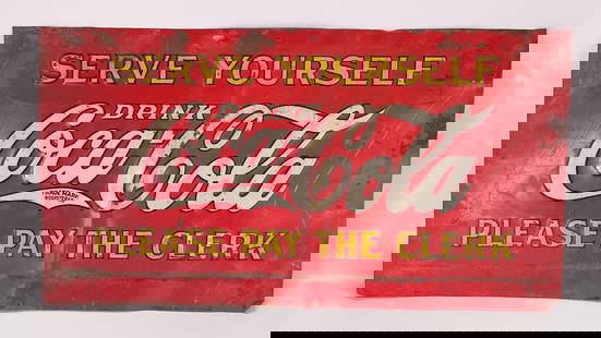 METAL COCA COLA SERVE YOURSELF PAY CLERK SIGN: REMAINS IN FAIR CONDITION, SHOWING WEAR THROUGHOUT WITH SCRATCHES AND BENDS.