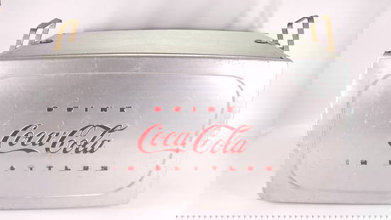 ALUMINUM COCA COLA PROGRESS REFRIGERATOR COOLER: REMAINS IN GOOD CONDITION, SHOWING SOME TYPICAL WEAR. INCLUDES ORIGINAL INTERIOR TRAY.