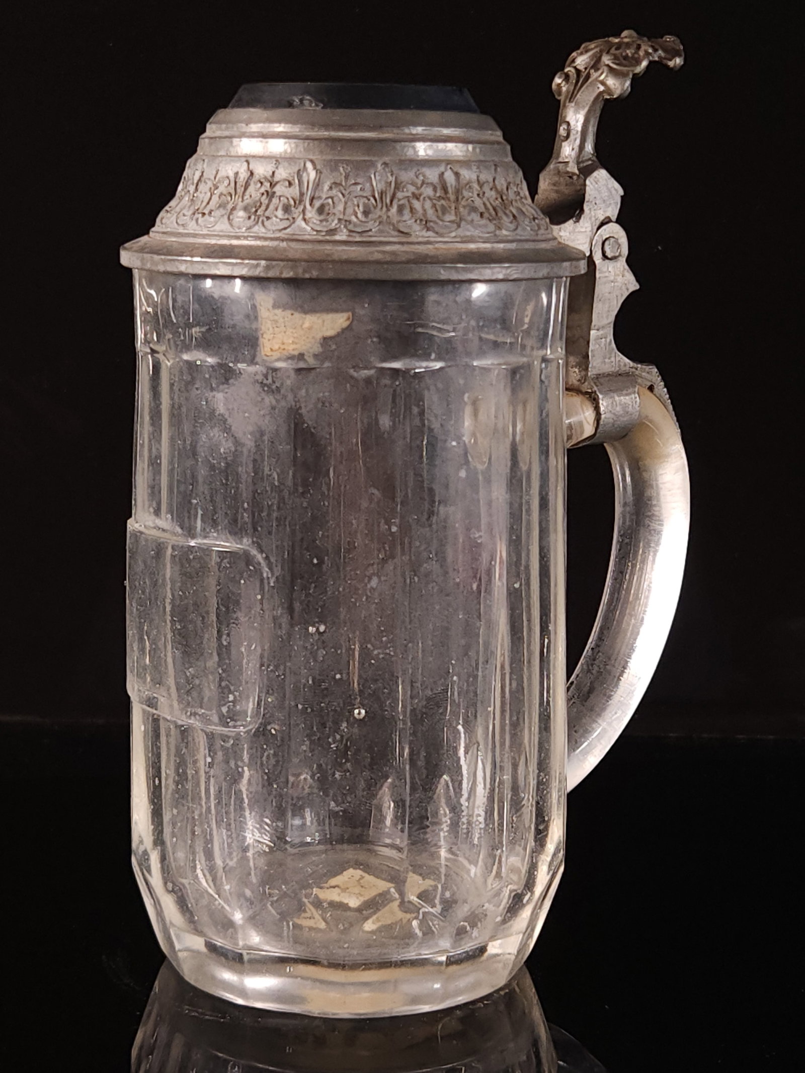 ANTIQUE GLASS STEIN W/ HAND PAINTED GOAT GLASS PEWTER LID (1 of 7)