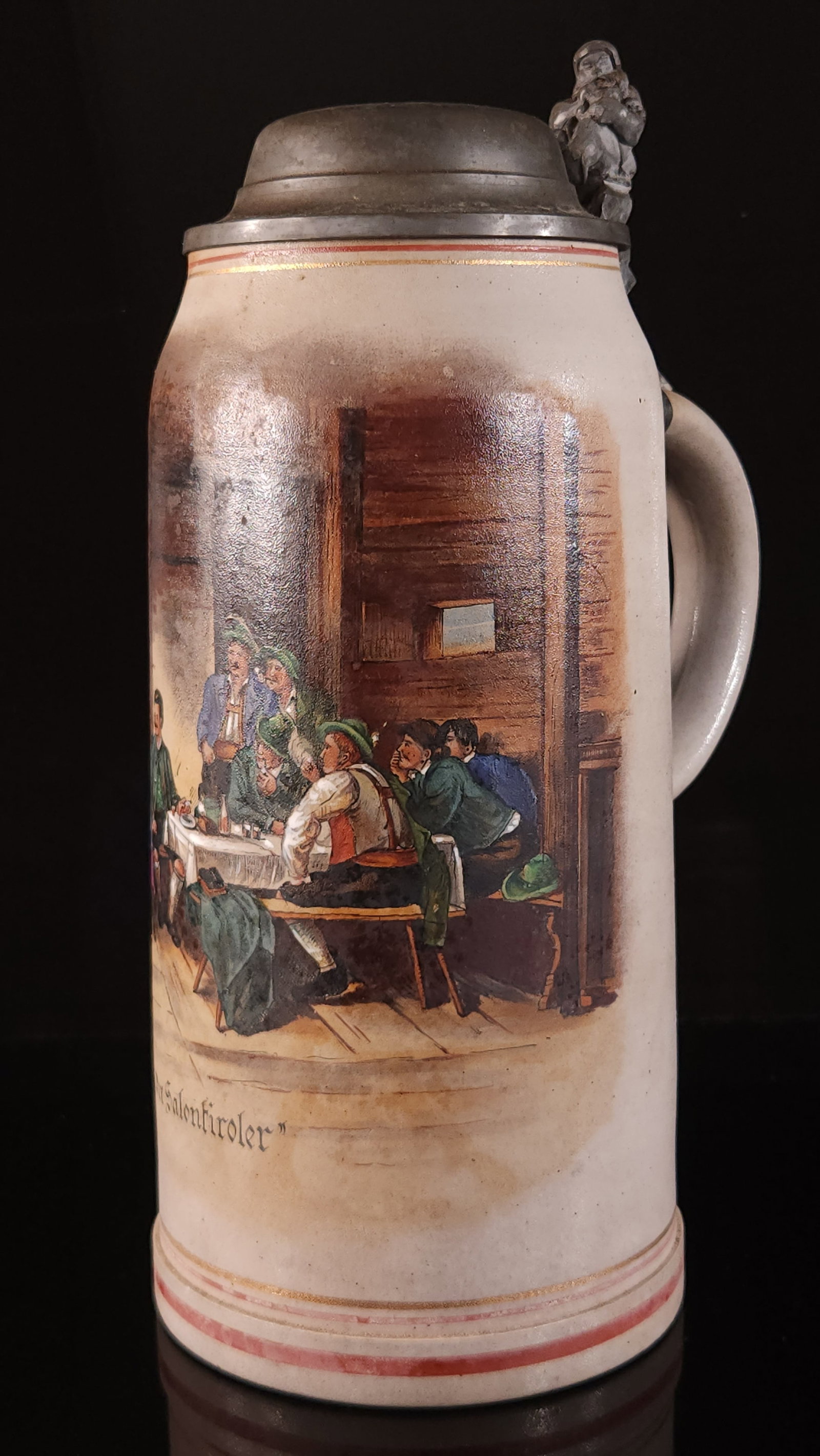 LARGE ANTIQUE GERMAN DRINKING STEIN W/ PEWTER LID (1 of 5)