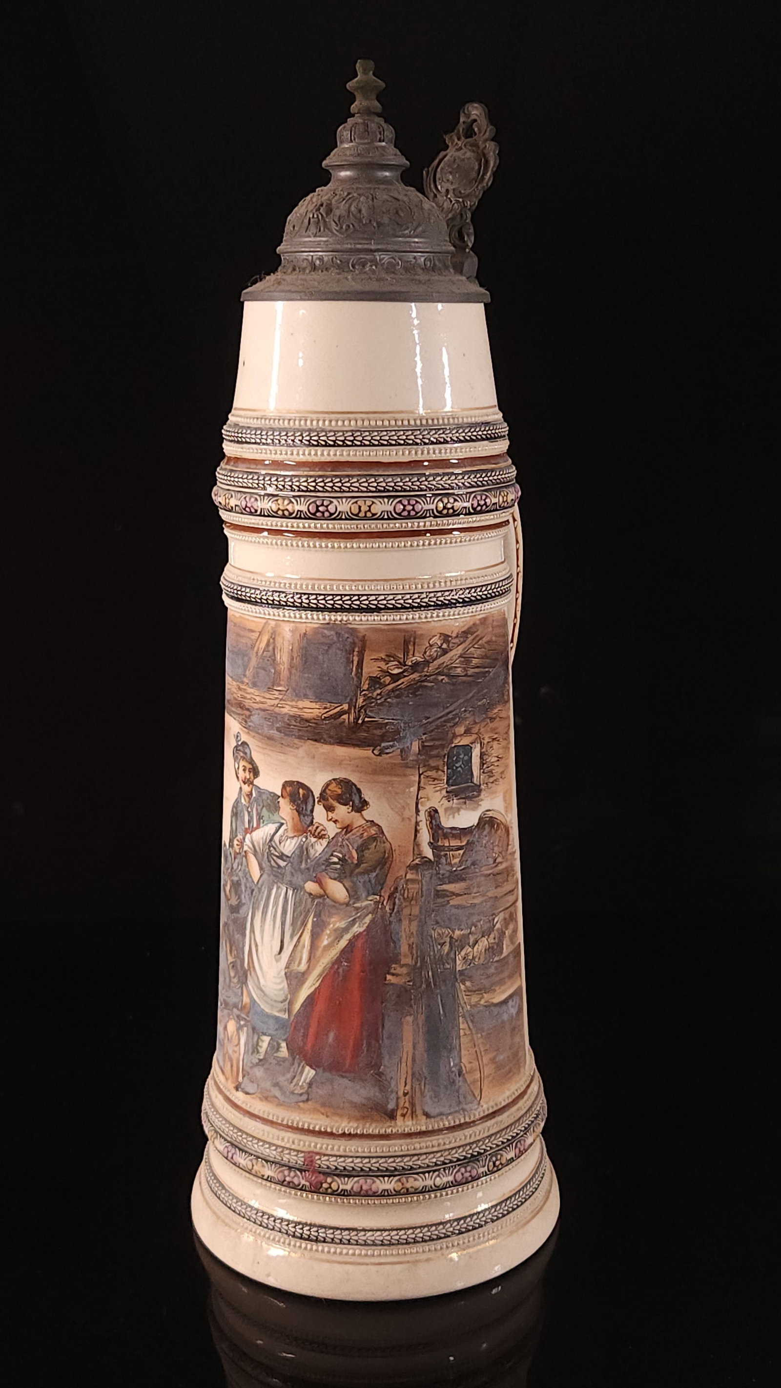 LARGE ANTIQUE STAMPED GERMAN STEIN STREET SCENE (1 of 8)