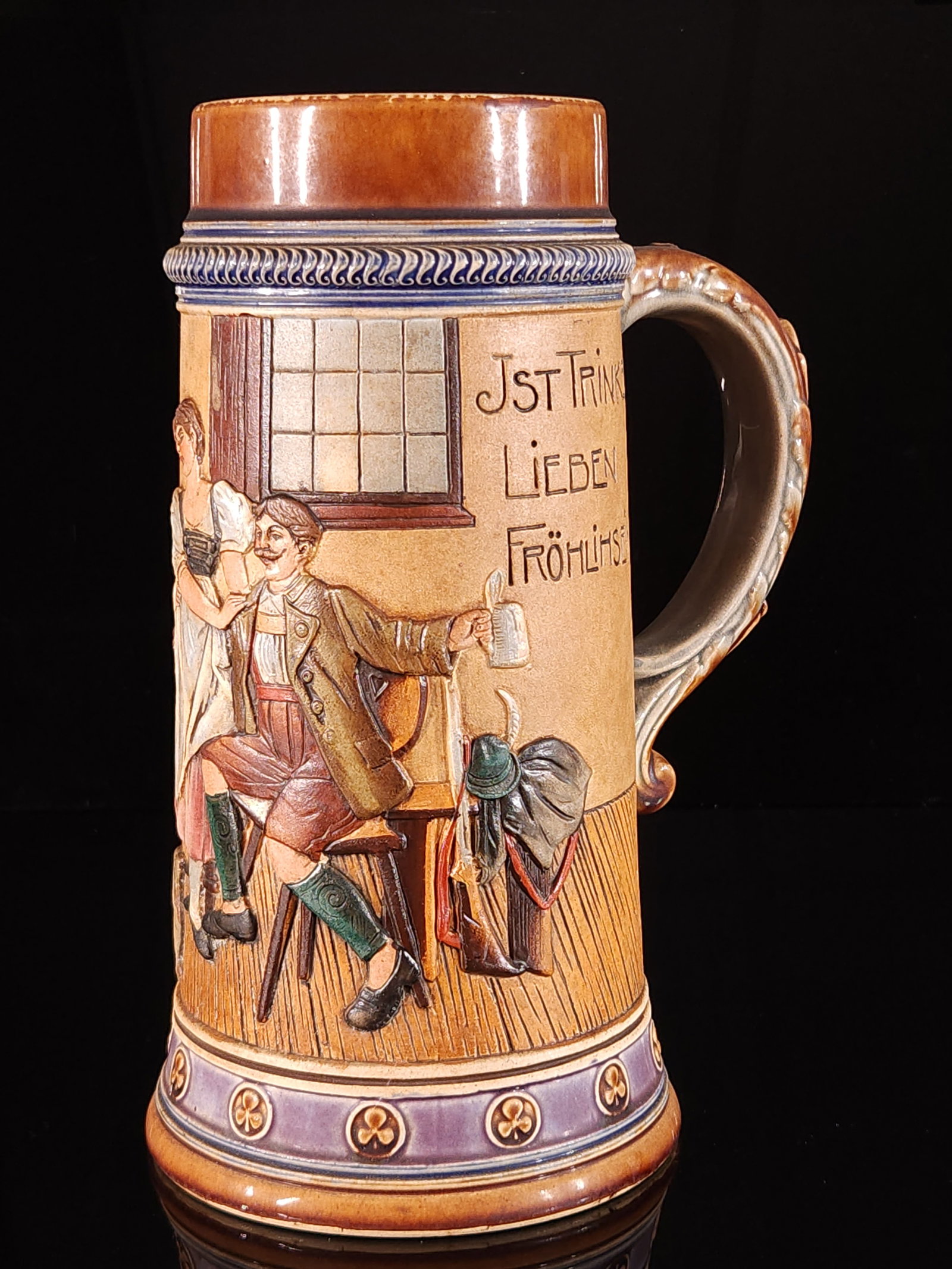 ANTIQUE GERMAN DES LEBENS STEIN TANKARD: REMAINS IN GOOD CONDITION, SHOWING SOME TYPICAL WEAR. NO CHIPS OR CRACKS. NEEDS CLEANED. 9 INCHES TALL.