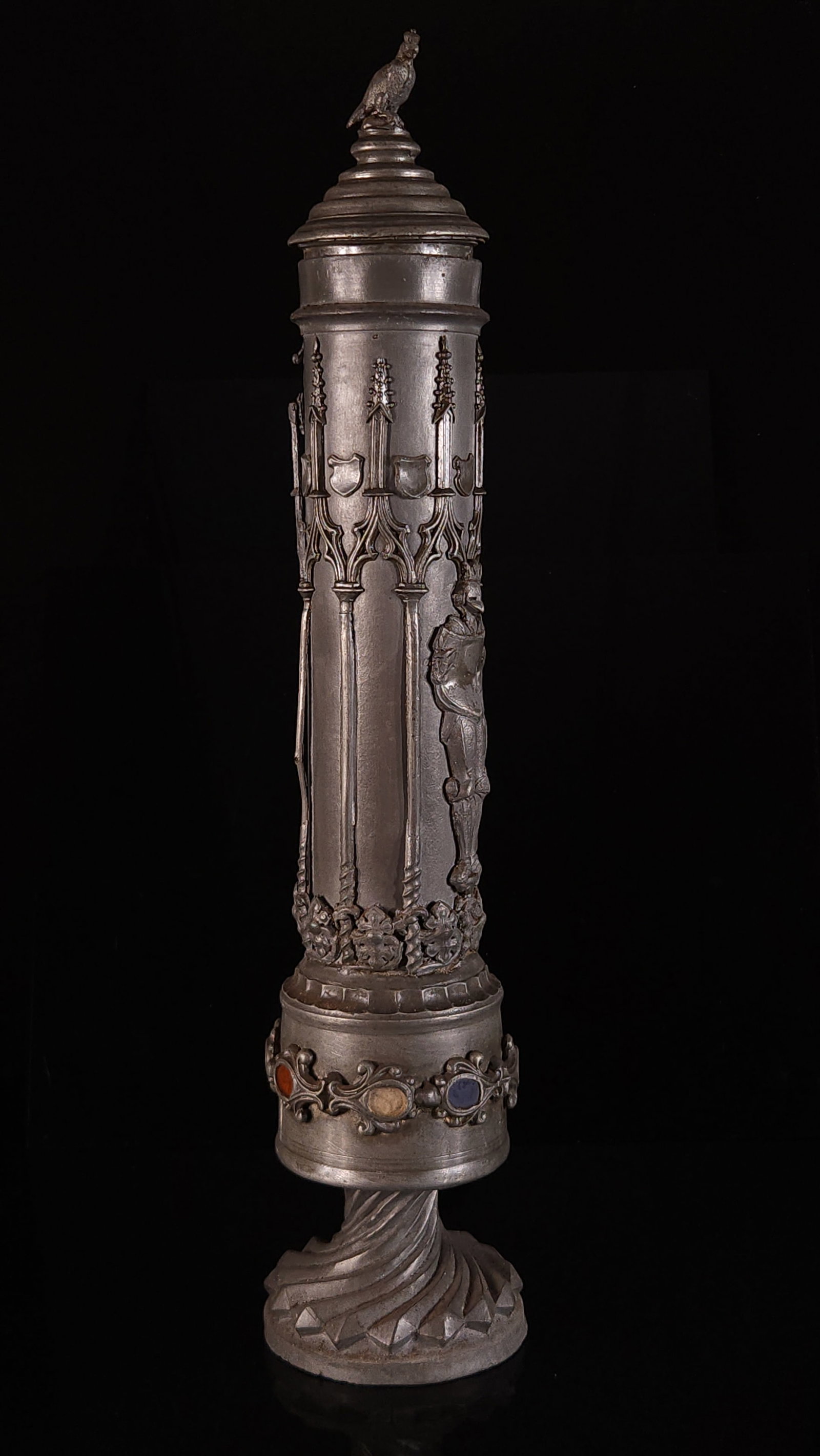 LARGE TALL THIN METAL PEWTER KNIGHT STEIN W/ JEWELS (1 of 8)