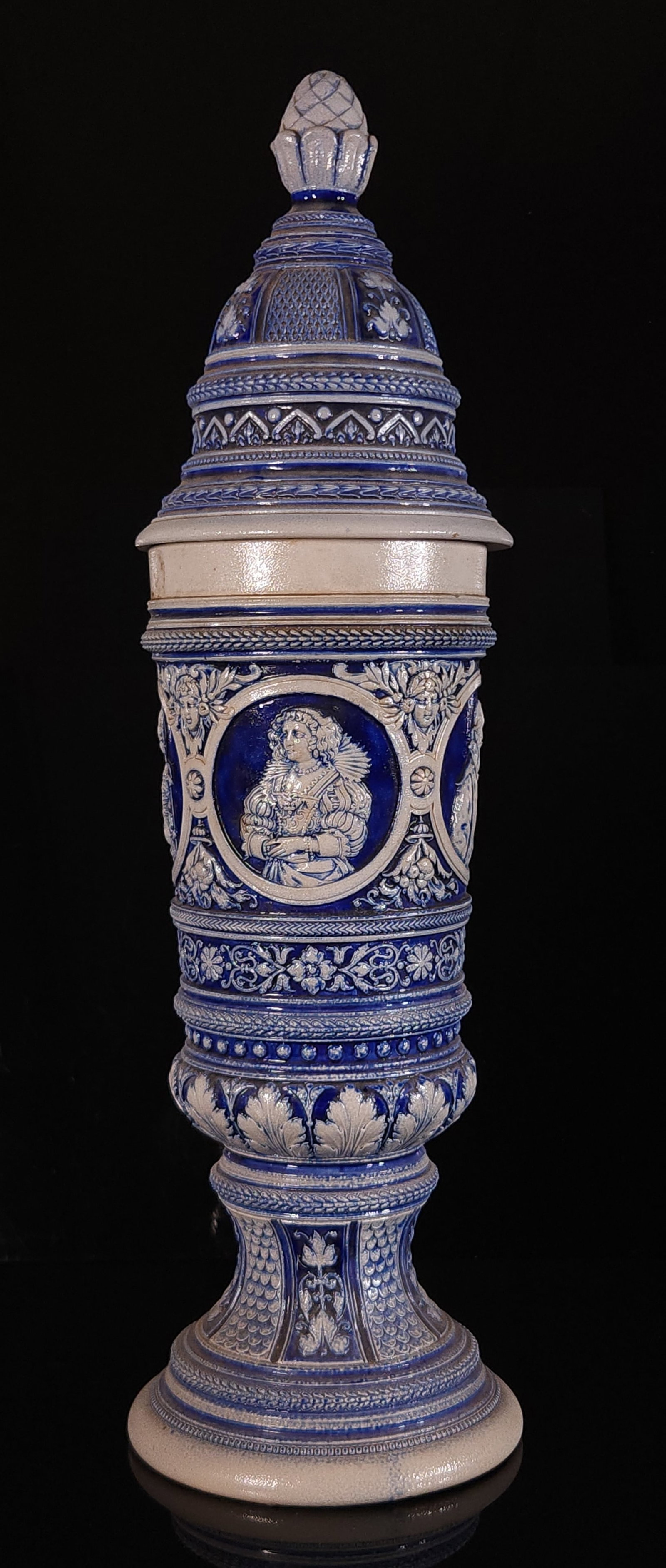 LARGE GERMAN BLUE SALT GLAZED VESSEL W/ LID (1 of 5)