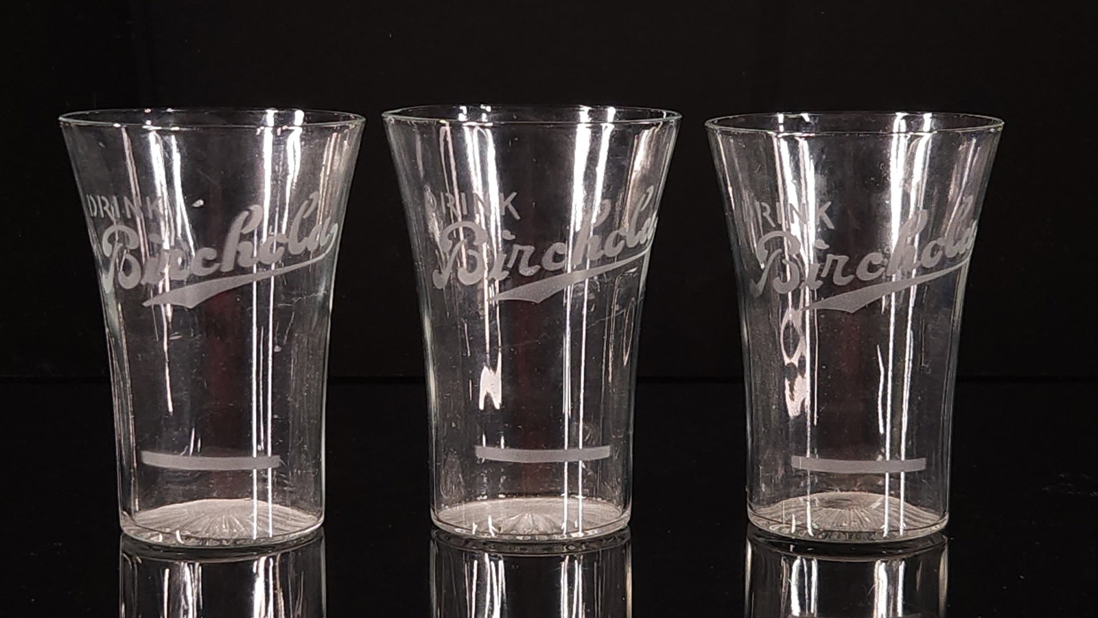 SET OF 3 BIRCHOLA ETCHED DRINKING GLASSES: ALL REMAIN IN GOOD CONDITION, SHOWING LIGHT ROUGHNESS AROUND TOP EDGES. 3 AT 4 INCHES.