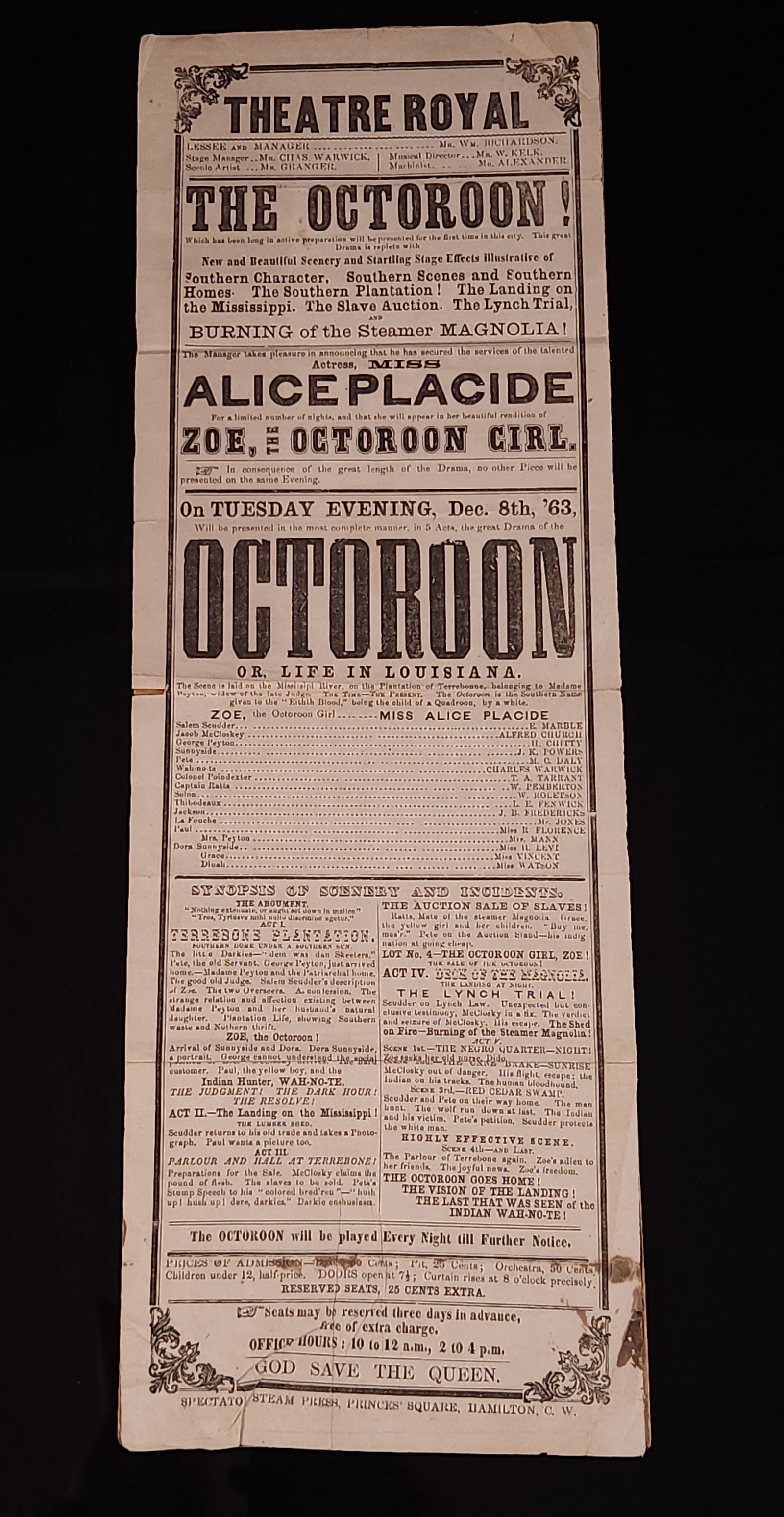 1863 THEATRE ROYAL LANTERN POSTER: REMAINS IN GOOD CONDITION, SHOWING SOME CREASES AND STAINING. 18 INCHES BY 6 1/4 INCHES.