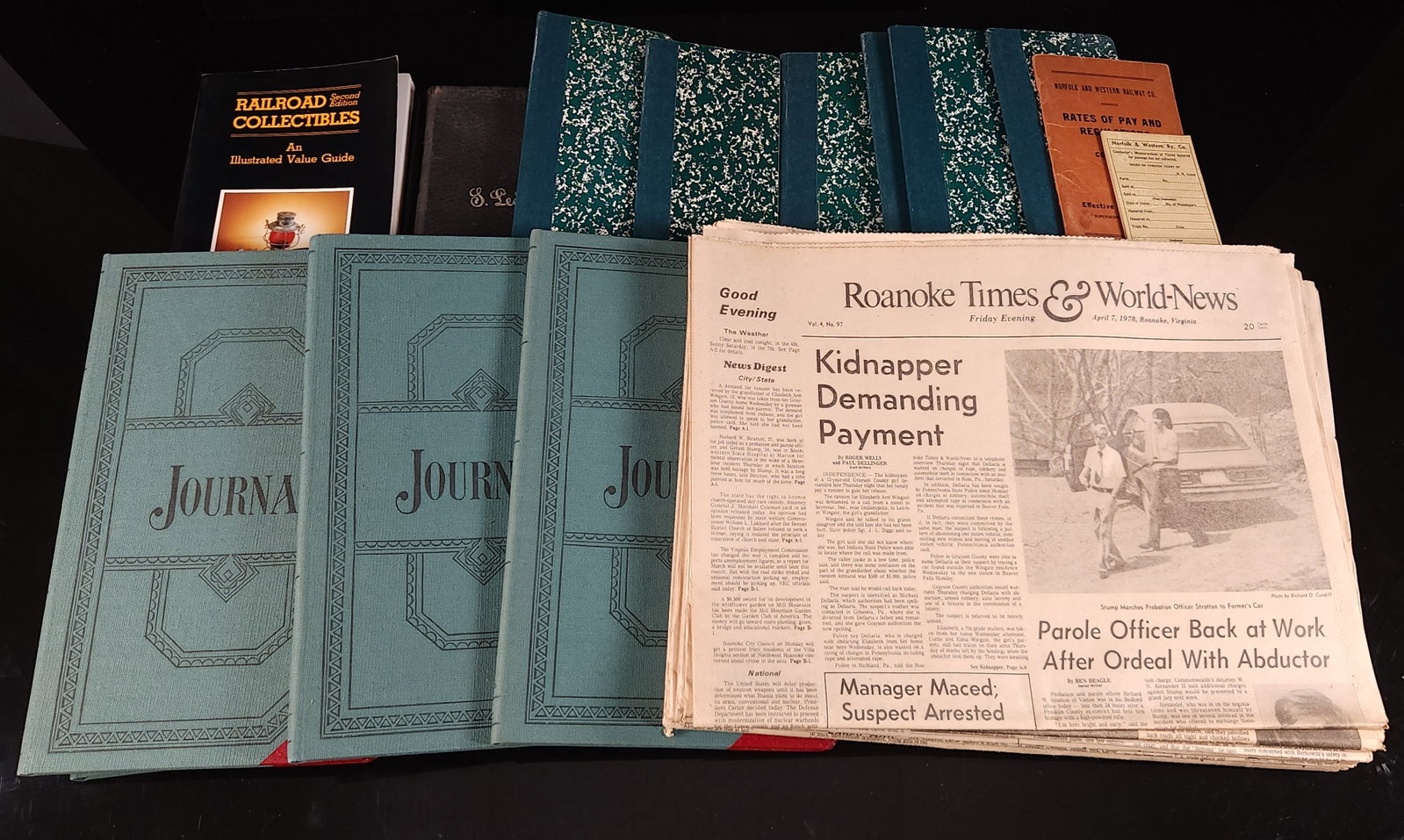 ASSORTMENT OF RAILWAY LEDGES, BOOKS, EPHEMERA: ALL REMAIN IN GOOD CONDITION. SOME REPRODUCTION POSTERS ON THE BOTTOM.