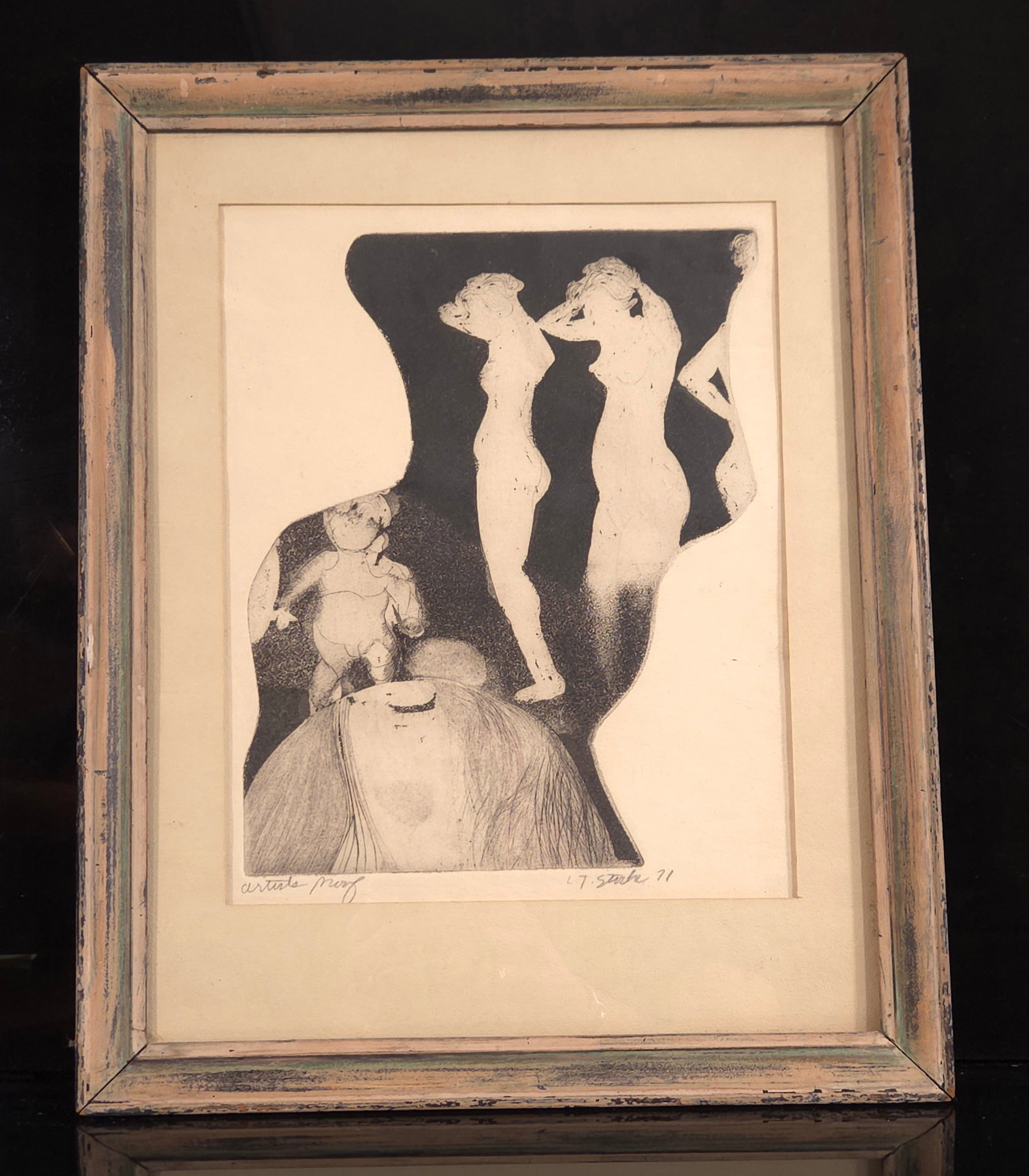 1971 L.T. STARK NUDE ARTIST PROOF: REMAINS IN FAIR TO GOOD CONDITION, SHOWING SOME TYPICAL WEAR. MATTED AND FRAMED. FRAME SHOWING WEAR. 12.5 INCHES BY 15.5 INCHES.