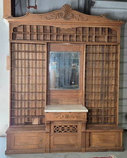ANTIQUE VICTORIAN OAK OCCUPATIONAL SHAVING MUG DISPLAY DESK: REMAINS IN OVERALL GOOD CONDITION. SHOWING SOME BROKEN SHELF SLATES. A FEW REPLACED PIECES OF WOOD. 6 PIECES. STANDS APPROXIMATELY 99" TALL BY 83" WIDE BY 16" DEEP. **PLEASE NOTE** THIS ITEM IS NOT AV