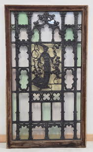 ANTIQUE LEADED & BLOWN GLASS WINDOW: REMAINS IN FAIR TO GOOD CONDITION, SHOWING TYPICAL WEAR. A FEW PANELS OF GLASS WITH CRACKS AROUND FIGURE. COLORED GLASS PIECES ARE BLOWN GLASS. LEAD SHOWS SOME REPAIRS. ANTIQUE WOOD FRAME SHOWING WEAR