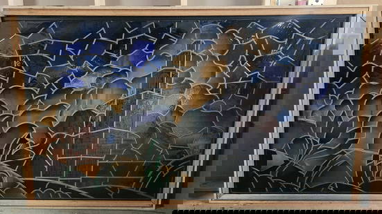 LARGE LEADED STAINED GLASS LIGHTED DISPLAY: REMAINS IN FAIR TO GOOD CONDITION, SHOWING SOME TYPICAL WEAR. HAS A FEW CRACKS WITH SOME LOOSE PIECES. **OVERSIZED** MEASURES APPROXIMATELY . **PLEASE NOTE** THIS ITEM IS NOT AVAILABLE FOR SHIPPING. L