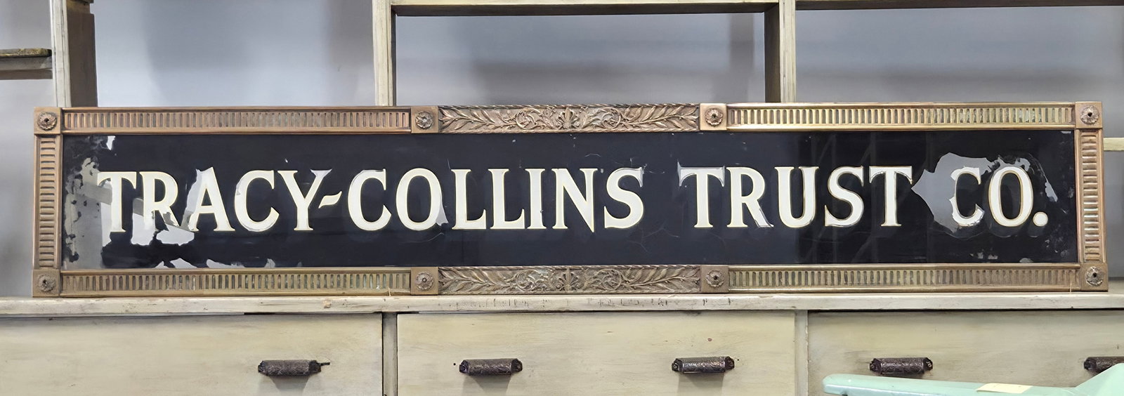 ANTIQUE CAST BRASS HAND PAINTED GLASS TRACY COLLINS TRUST CO. SIGN (1 of 7)