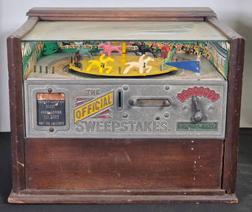 ROCK-OLA OFFICIAL SWEEPSTAKES HORSE RACE GAME: REMAINS IN FAIR TO GOOD CONDITION, SHOWING WEAR THROUGHOUT. MISSING FRONT GLASS PANEL. DIRTY, NEEDS CLEANED. GOOD FOR PARTS OR REPAIRING. MEASURES APPROXIMATELY 11" TALL BY 15" WIDE BY 13" DEEP.