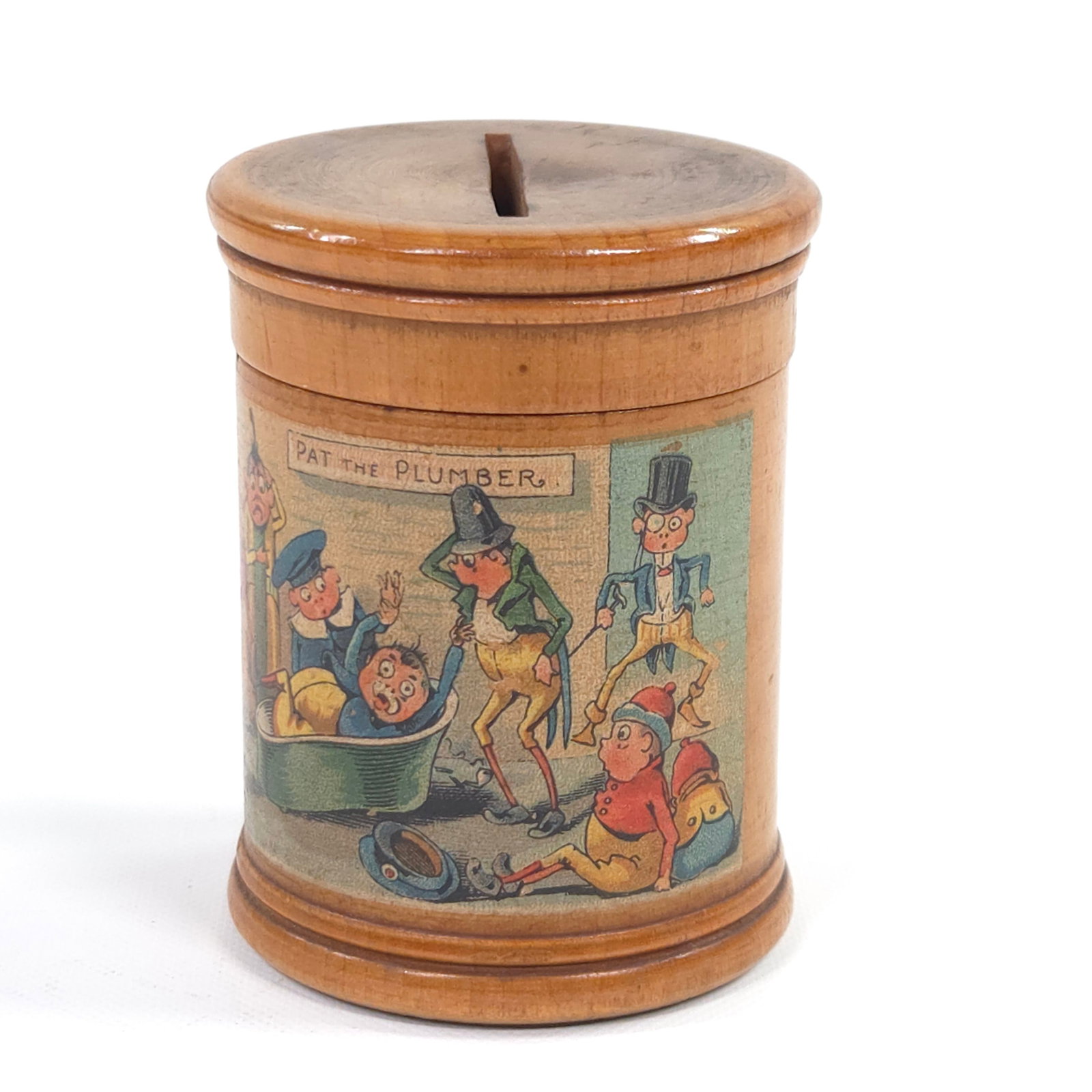ANTIQUE PAT THE PLUMBER BROWNIE WOOD BANK: REMAINS IN GOOD ORIGINAL CONDITION.