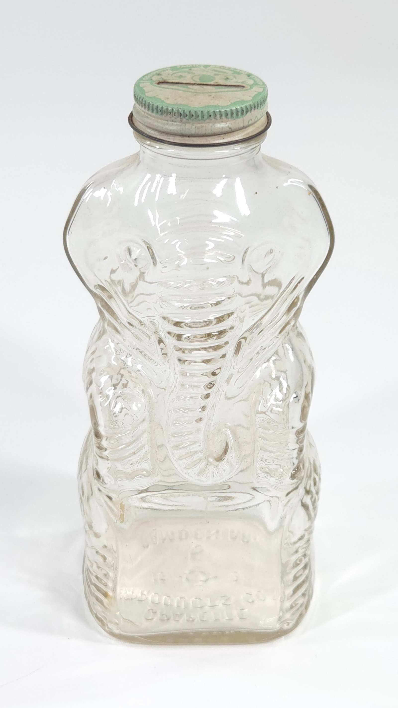 FIGURAL ELEPHANT GLASS SYRUP BANK: REMAINS IN GOOD CONDITION, NO CHIPS OR CRACKS. LID REMAINS NICE.