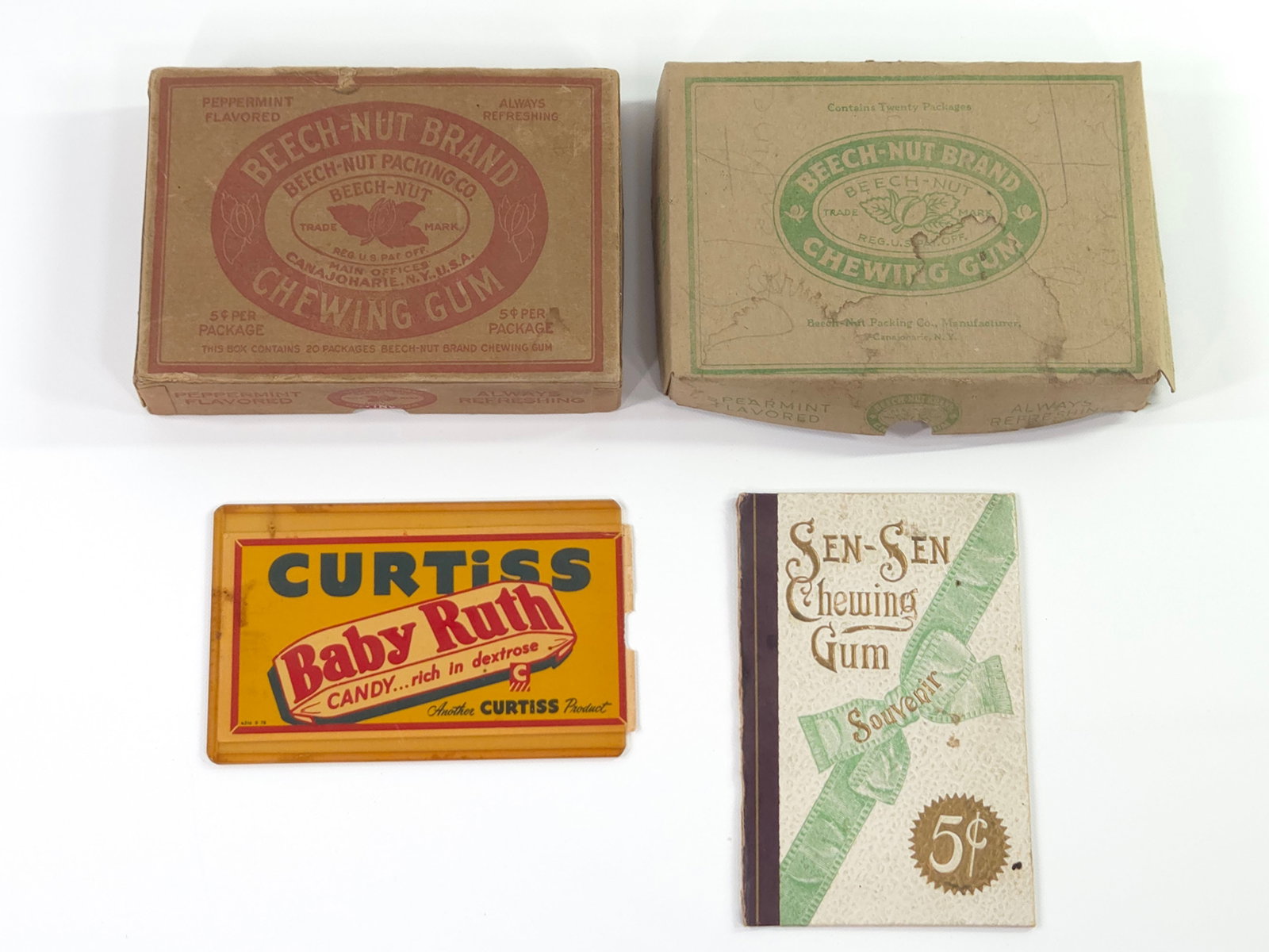 VARIOUS ANTIQUE GUM BOXES, TRADE CARD +: ALL REMAIN IN FAIR TO GOOD CONDITION, SHOWING SOME TYPICAL WEAR.