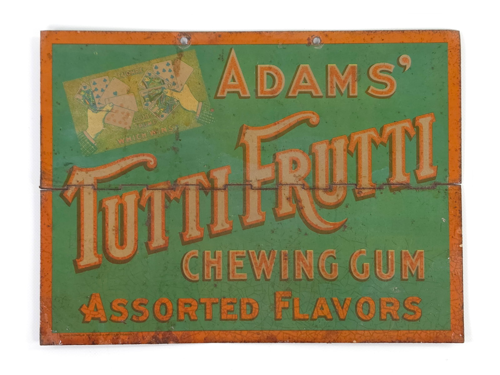 ADAMS TUTTI FRUTTI CHEWING GUM DISPLAY SIGN: REMAINS IN GOOD CONDITION, SHOWING SOME TYPICAL WEAR.