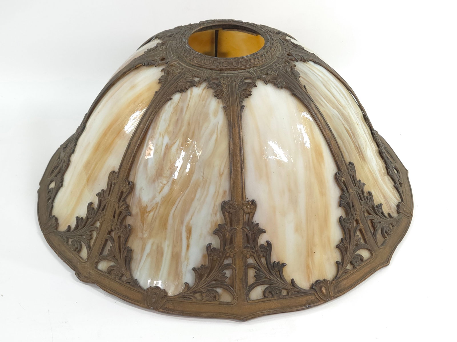 ANTIQUE TAN SLAG GLASS LAMP SHADE: REMAINS IN GOOD CONDITION, SHOWING SOME TYPICAL WEAR.