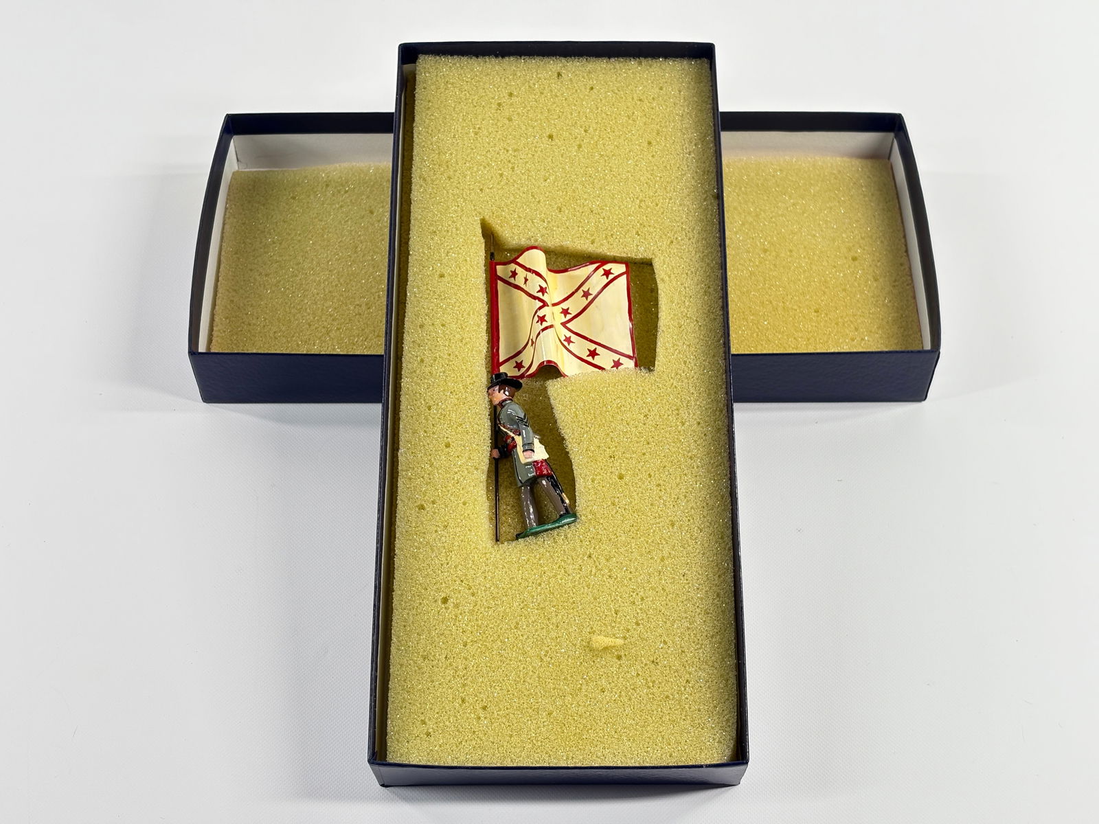 EDMUNDS 4TH TEXAS INFANTRY TOM GREENS RIFLES FLAG: REMAINS IN VERY GOOD CONDITION, SHOWING SOME WEAR FROM INSERT, NEED WIPED DOWN. BOX SHOWING SOME WEAR.