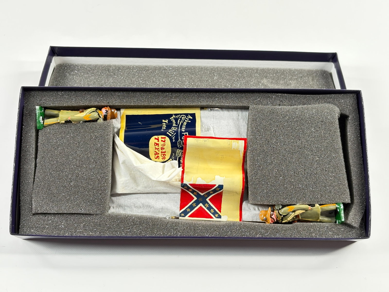 EDMUNDS 17TH & 18TH TEXAS INFANTRY FLAGS: REMAINS IN VERY GOOD CONDITION, SHOWING SOME WEAR FROM INSERT, NEED WIPED DOWN. BOX SHOWING SOME WEAR.