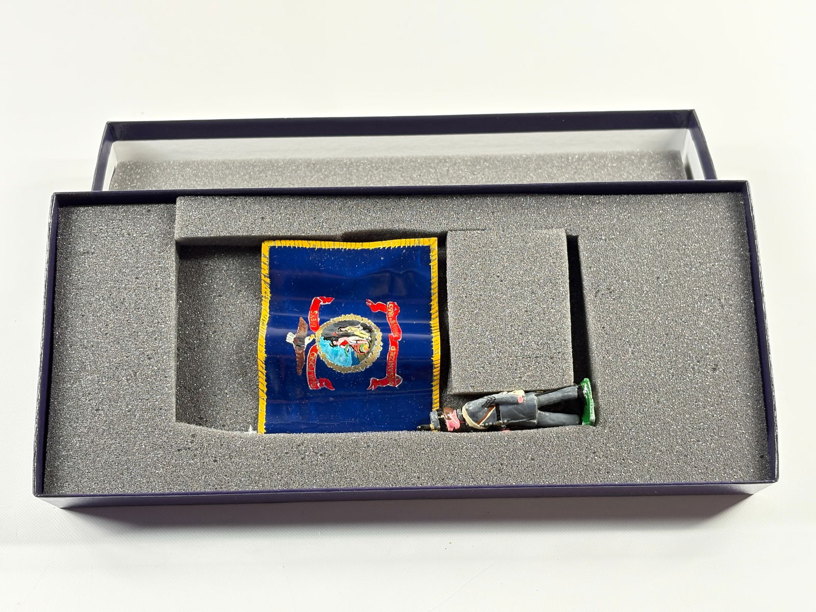 EDMUNDS 27TH NORTH CAROLINA INFANTRY FLAG: REMAINS IN VERY GOOD CONDITION, SHOWING SOME WEAR FROM INSERT, NEED WIPED DOWN. BOX SHOWING SOME WEAR.