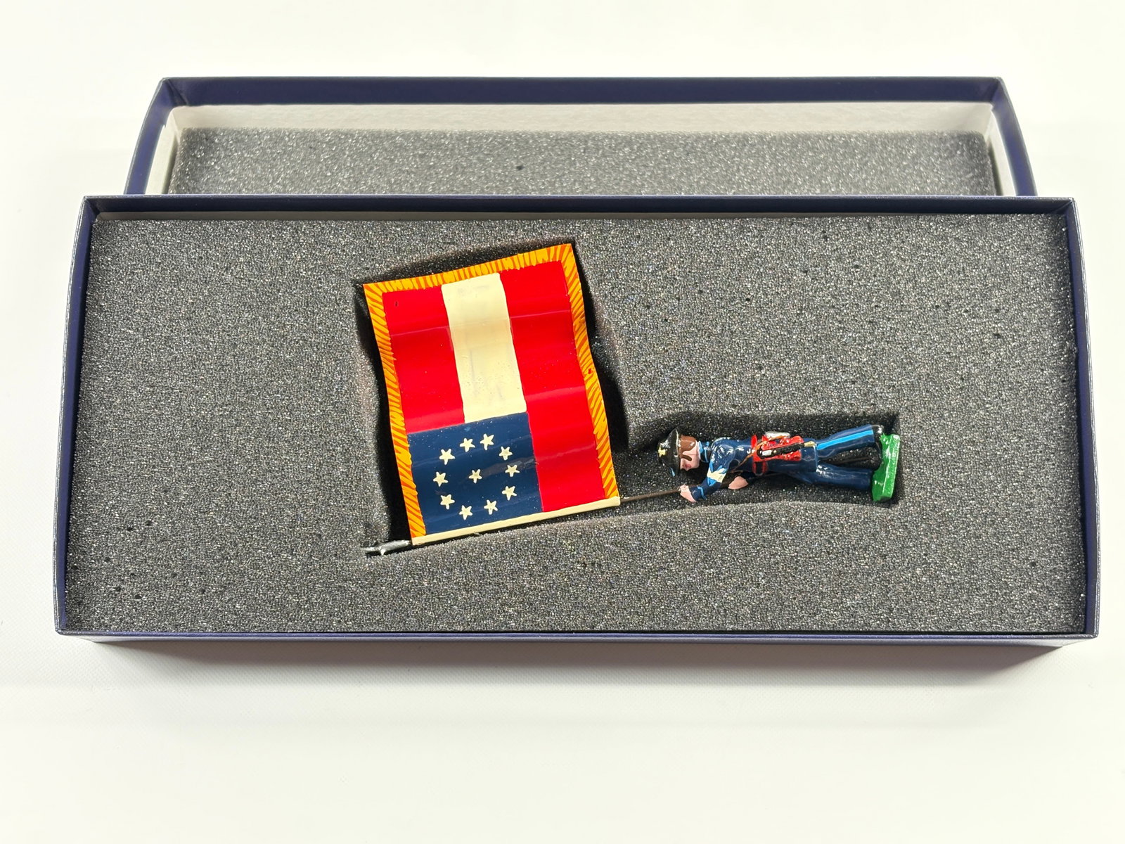 EDMUNDS 33RD VIRGINIA BRIGADE NATIONAL FLAG: REMAINS IN VERY GOOD CONDITION, SHOWING SOME WEAR FROM INSERT, NEED WIPED DOWN. BOX SHOWING SOME WEAR.