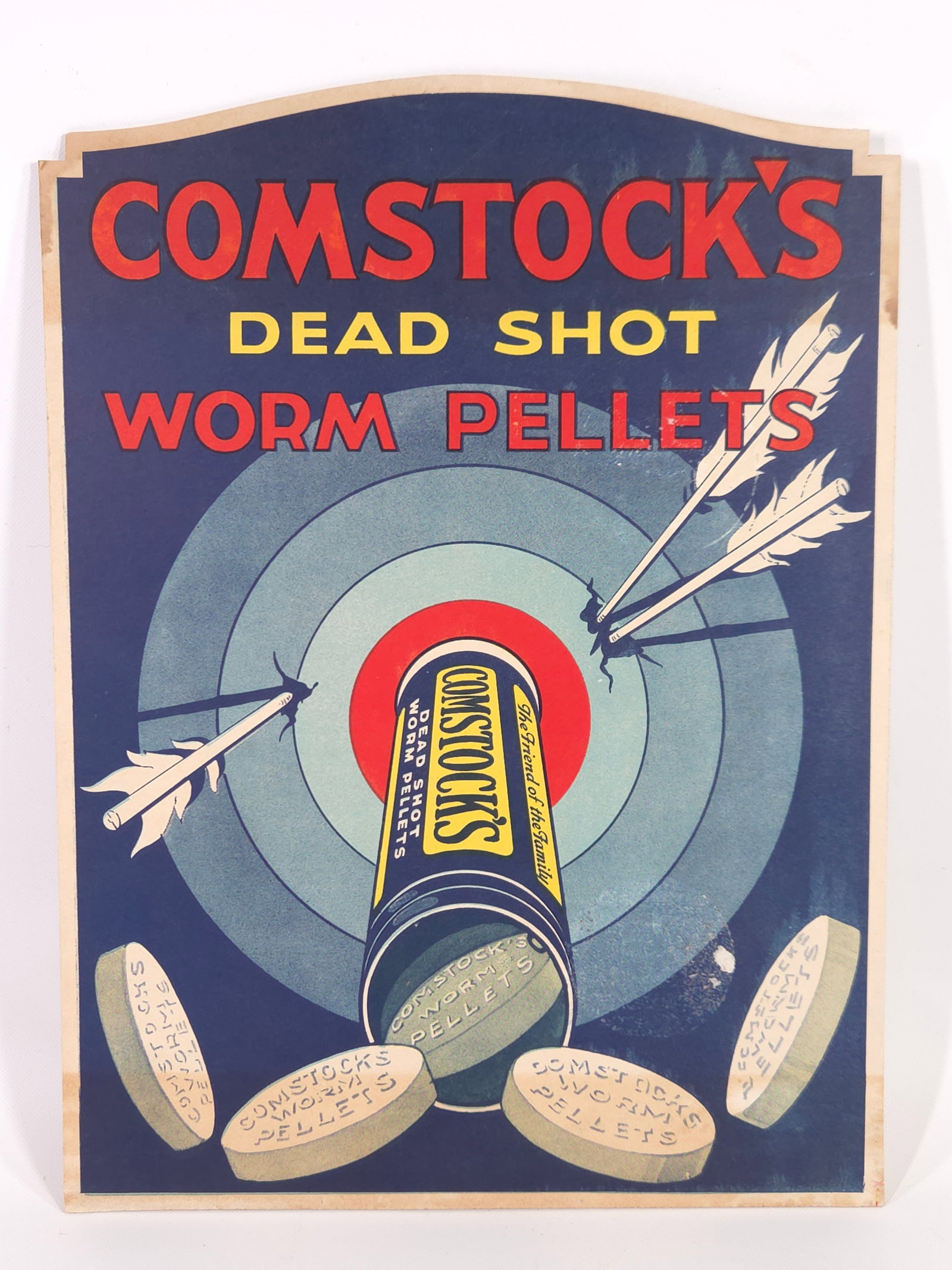 COMSTOCK'S DEAD SHOT WORM PELLETS SIGN: CARDBOARD SIGN REMAINS IN VERY GOOD UNUSED CONDITION. SHOWING ONLY SOME TYPICAL WEAR.