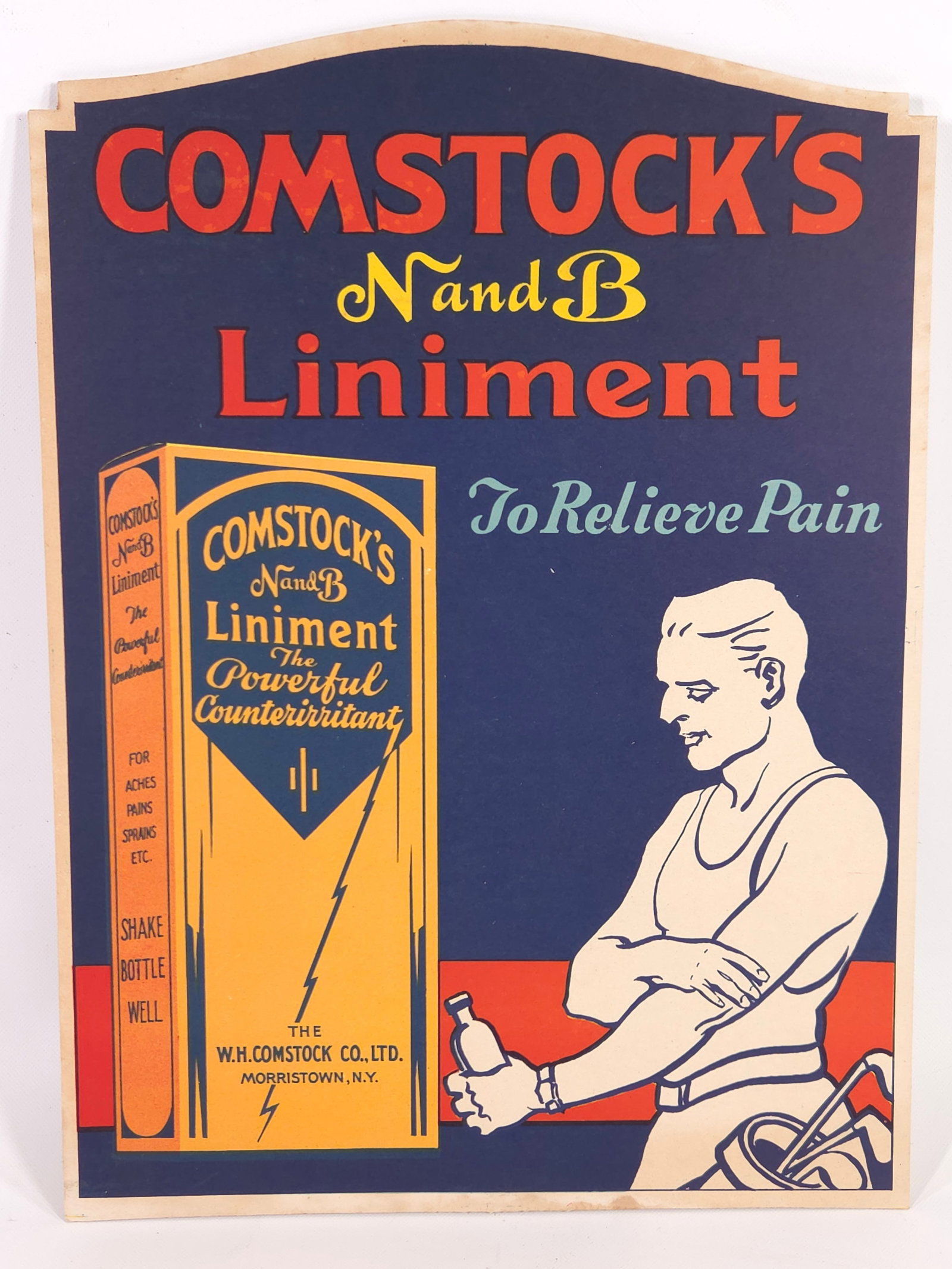 COMSTOCK'S LINIMENT CARDBOARD ADV. SIGN: CARDBOARD SIGN REMAINS IN VERY GOOD UNUSED CONDITION. SHOWING ONLY SOME TYPICAL WEAR.