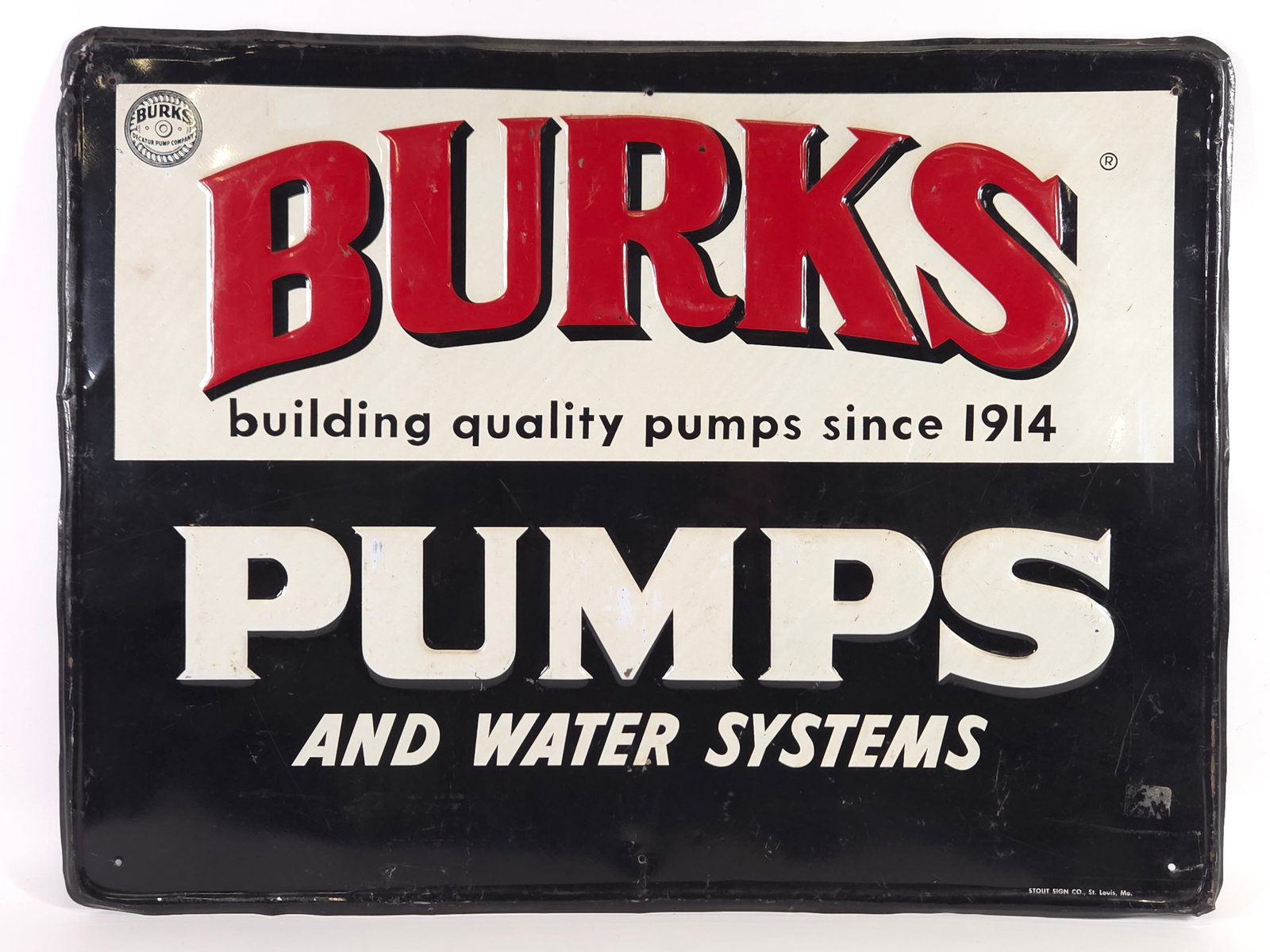 VINTAGE BURKS PUMPS ADVERTISING SIGN: REMAINS IN FAIR TO GOOD CONDITION, SHOWING SOME TYPICAL WEAR WITH BENDS ALONG EDGE.