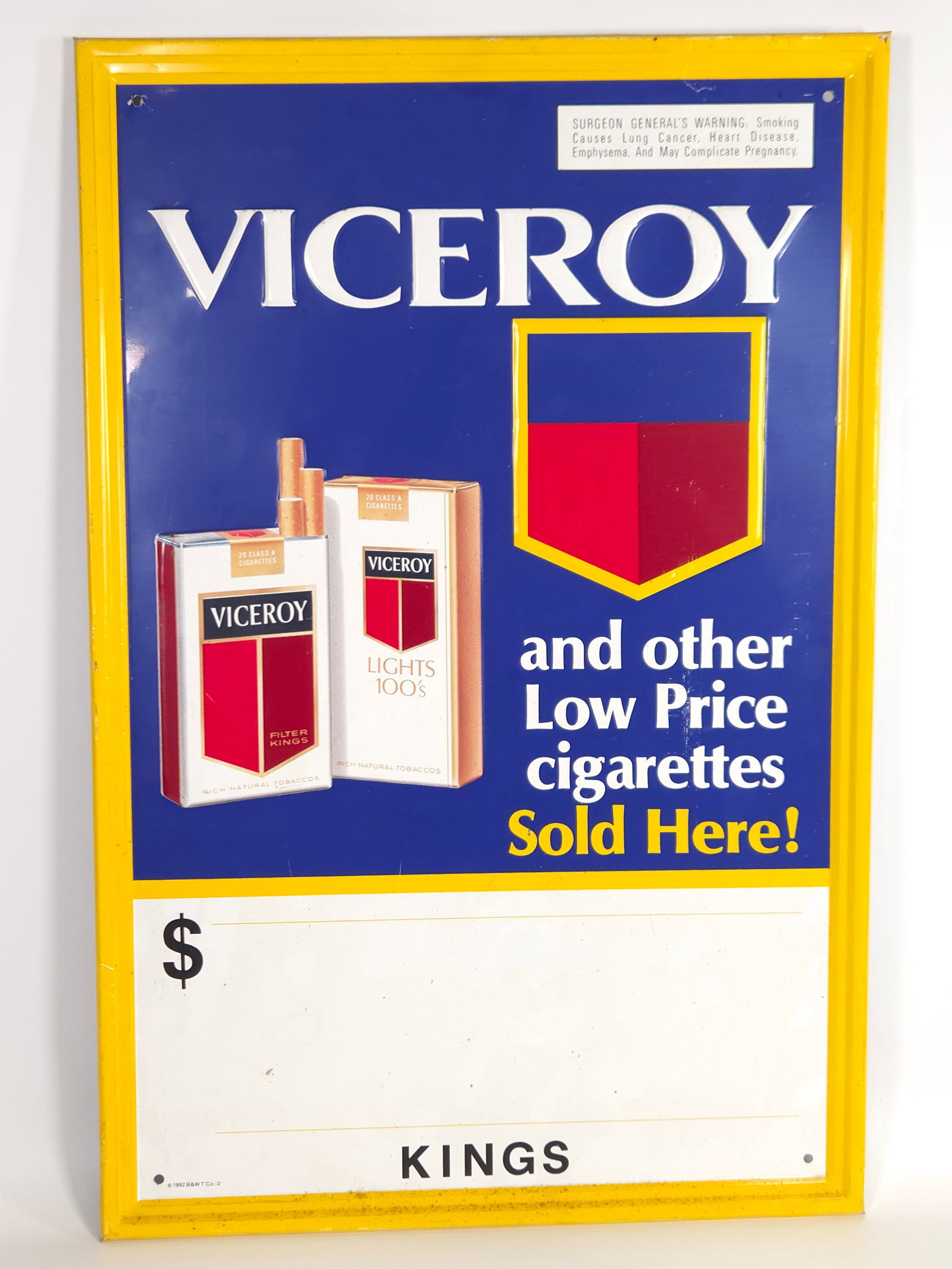 VINTAGE VICEROY ADVERTISING CIGARETTE SIGN: REMAINS IN GOOD CONDITION, SHOWING ONLY SOME MINIMAL WEAR.