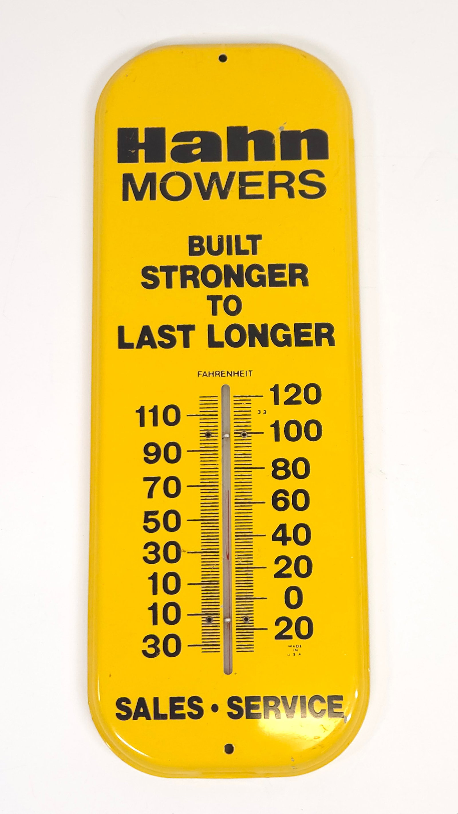 HAHN MOWERS ADVERTISING THERMOMETER: REMAINS IN GOOD CONDITION, SHOWING ONLY SOME TYPICAL WEAR.