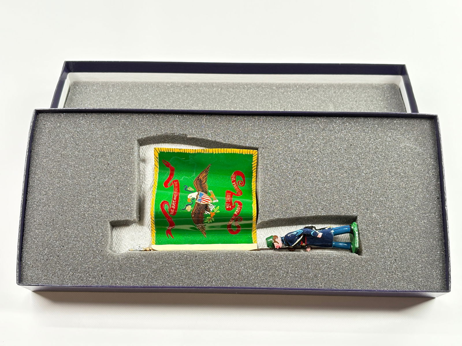 EDMUNDS 35TH INDIANA INFANTRY 1862, 1ST REGT. FLAG: REMAINS IN VERY GOOD CONDITION, SHOWING SOME WEAR FROM INSERT, NEED WIPED DOWN. BOX SHOWING SOME WEAR.