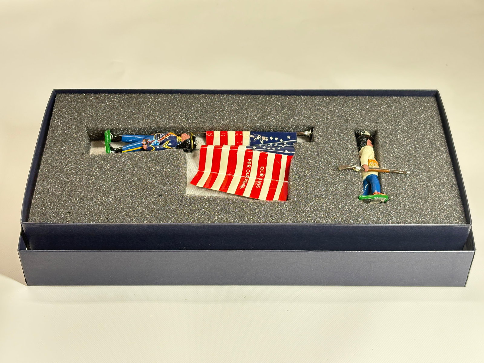 EDMUNDS 1ST INDIAN HOME GUARD: UNION, KANSAS 1862 FLAG: REMAINS IN VERY GOOD CONDITION, SHOWING SOME WEAR FROM INSERT, NEED WIPED DOWN. BOX SHOWING SOME WEAR.