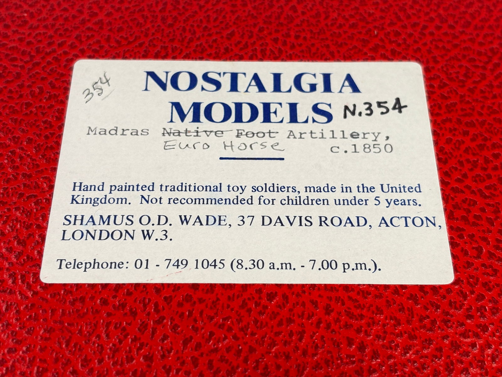 NOSTALGIA TOY SOLDIER MADRAS EURO HORSE, 1850: REMAINS IN VERY GOOD CLEAN CONDITION. BOX SHOWING SOME TYPICAL STORAGE WEAR.