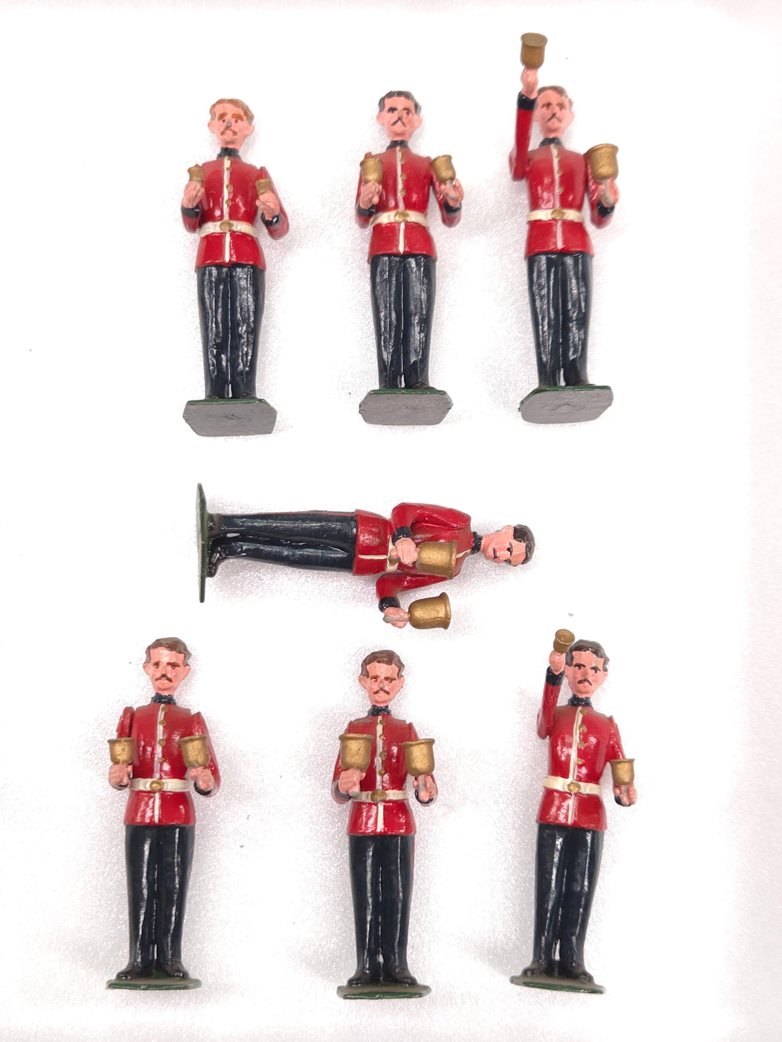 SET OF 7 JOHILLCO LEAD SOLDIERS W/ BELLS: REMAINS IN VERY GOOD CONDITION, SHOWING ONLY SOME TYPICAL WEAR.