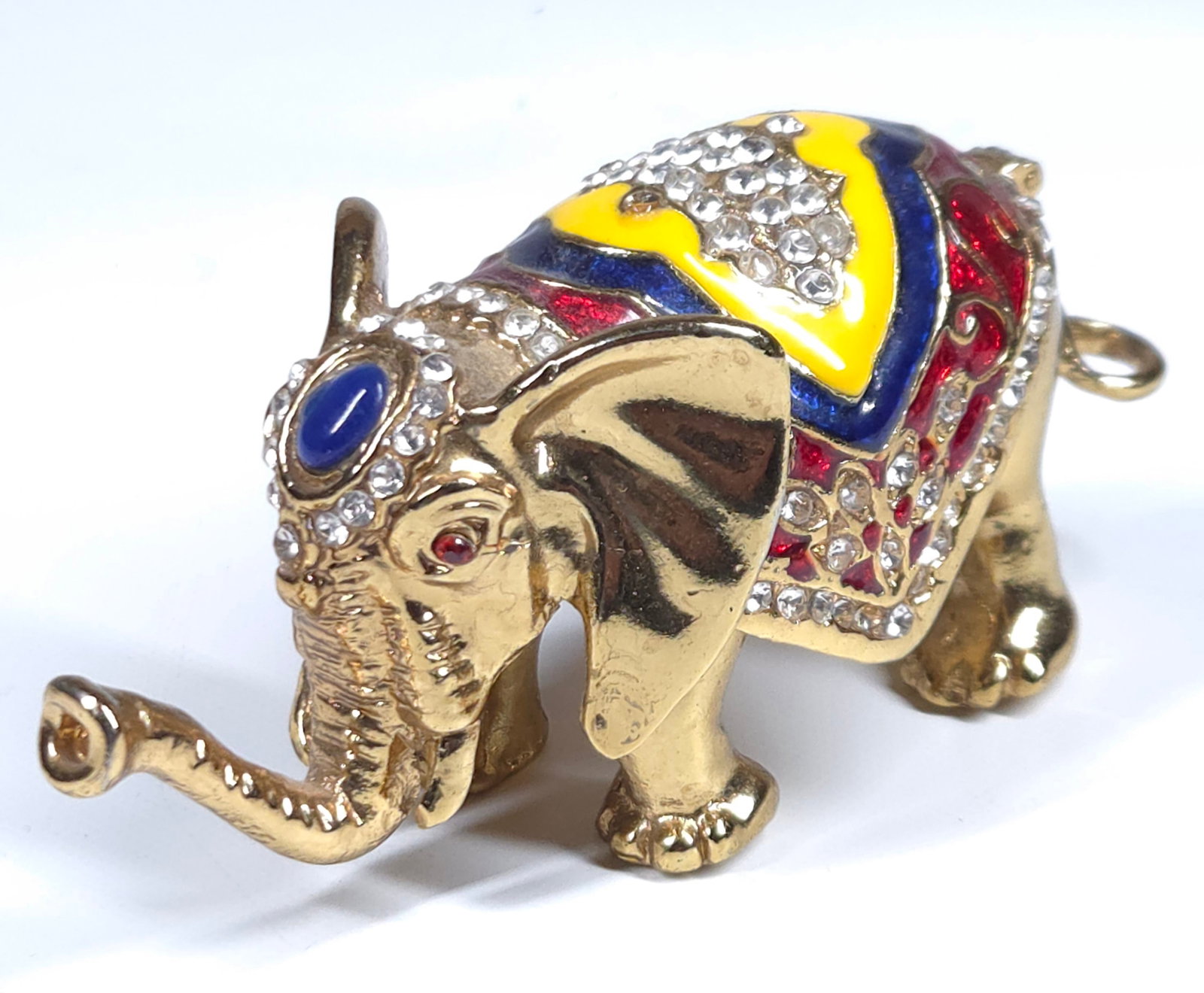JEWELED ENAMELED ELEPHANT TRINKET PILL BOX: REMAINS IN VERY GOOD CONDITION, SHOWING ONLY SOME TYPICAL WEAR.