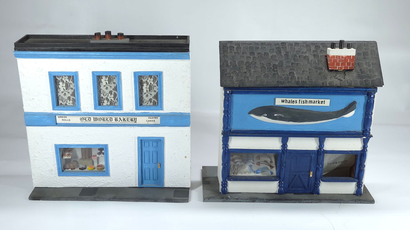 2) CUSTOM HANDMADE STORE SHOPS FOR DIORAMA: BOTH REMAIN IN GOOD CONDITION. DUSTY, NEEDING CLEANED.
