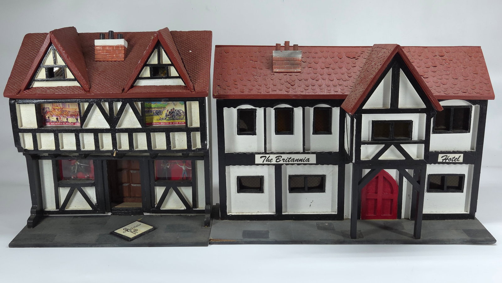 2) CUSTOM HANDMADE STORE SHOPS FOR DIORAMA: REMAINS IN VERY GOOD CONDITION, SHOWING ONLY SOME TYPICAL WEAR.