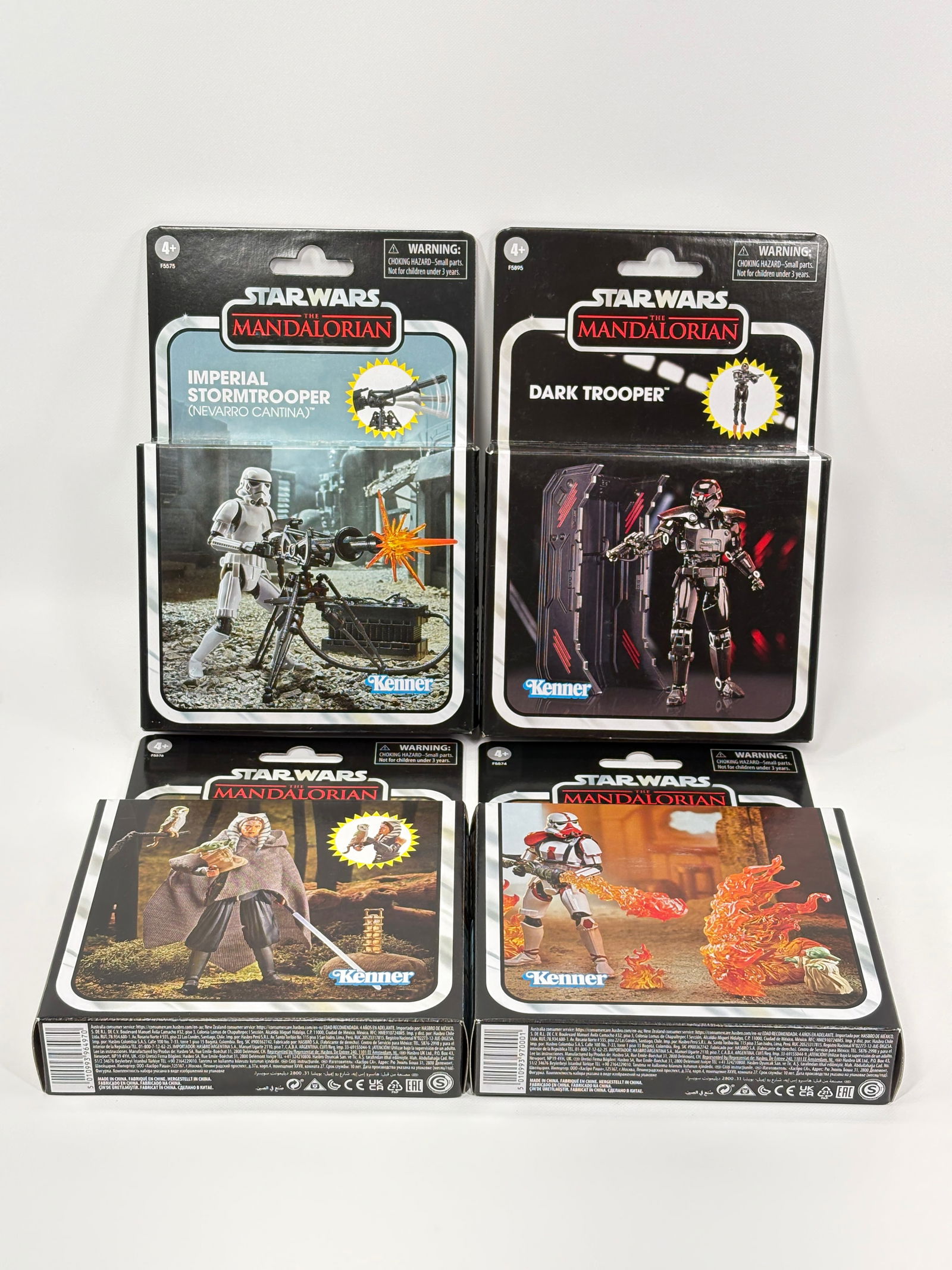 4) STAR WARS VINTAGE SERIES MANDALORIAN NIB: ALL REMAIN NEW IN SEALED BOX.