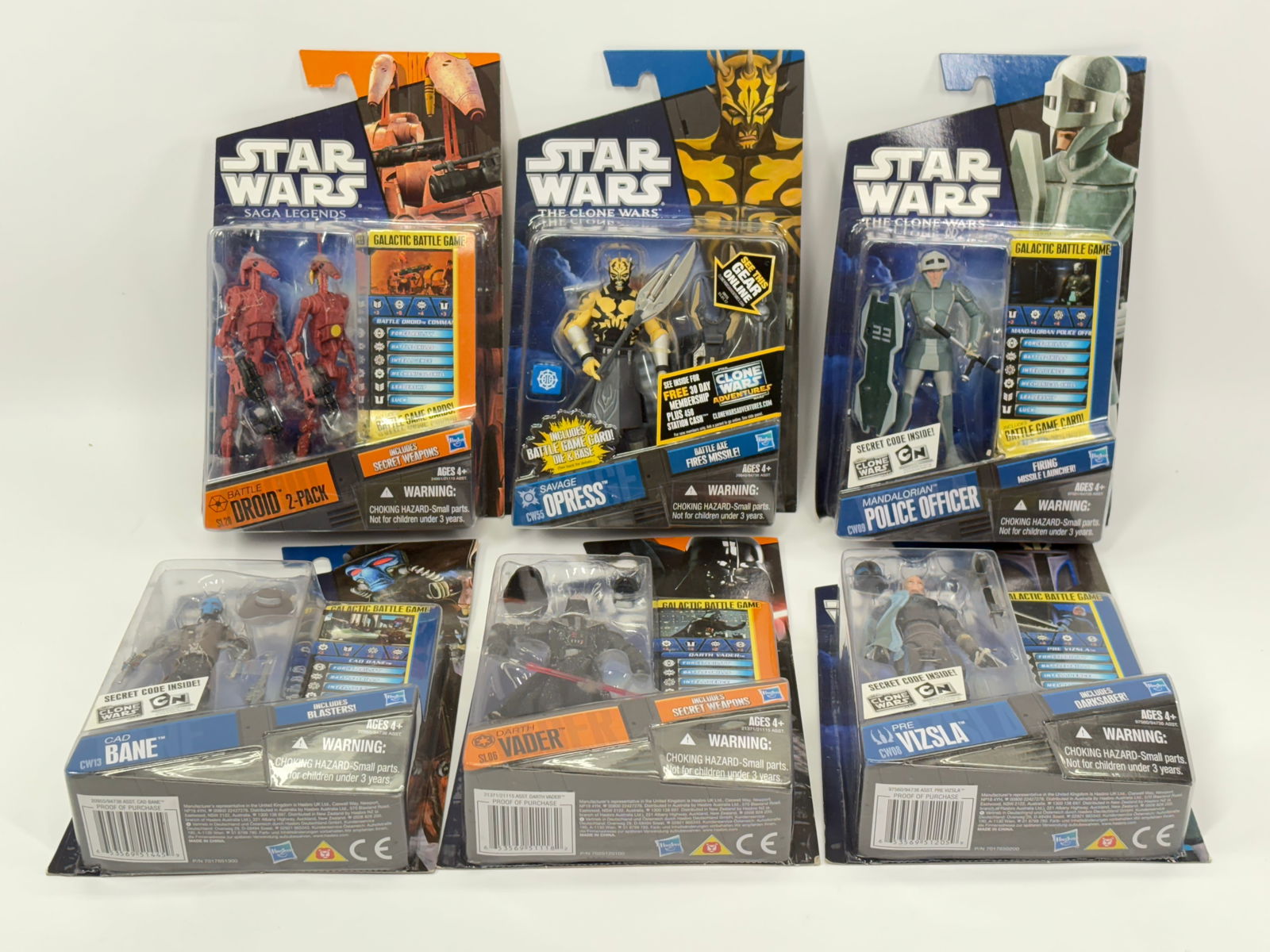 6) STAR WARS ACTION FIGURES NIP - CLONE WARS, SAGA LEGENDS: ALL REMAIN NEW IN PACKAGE.