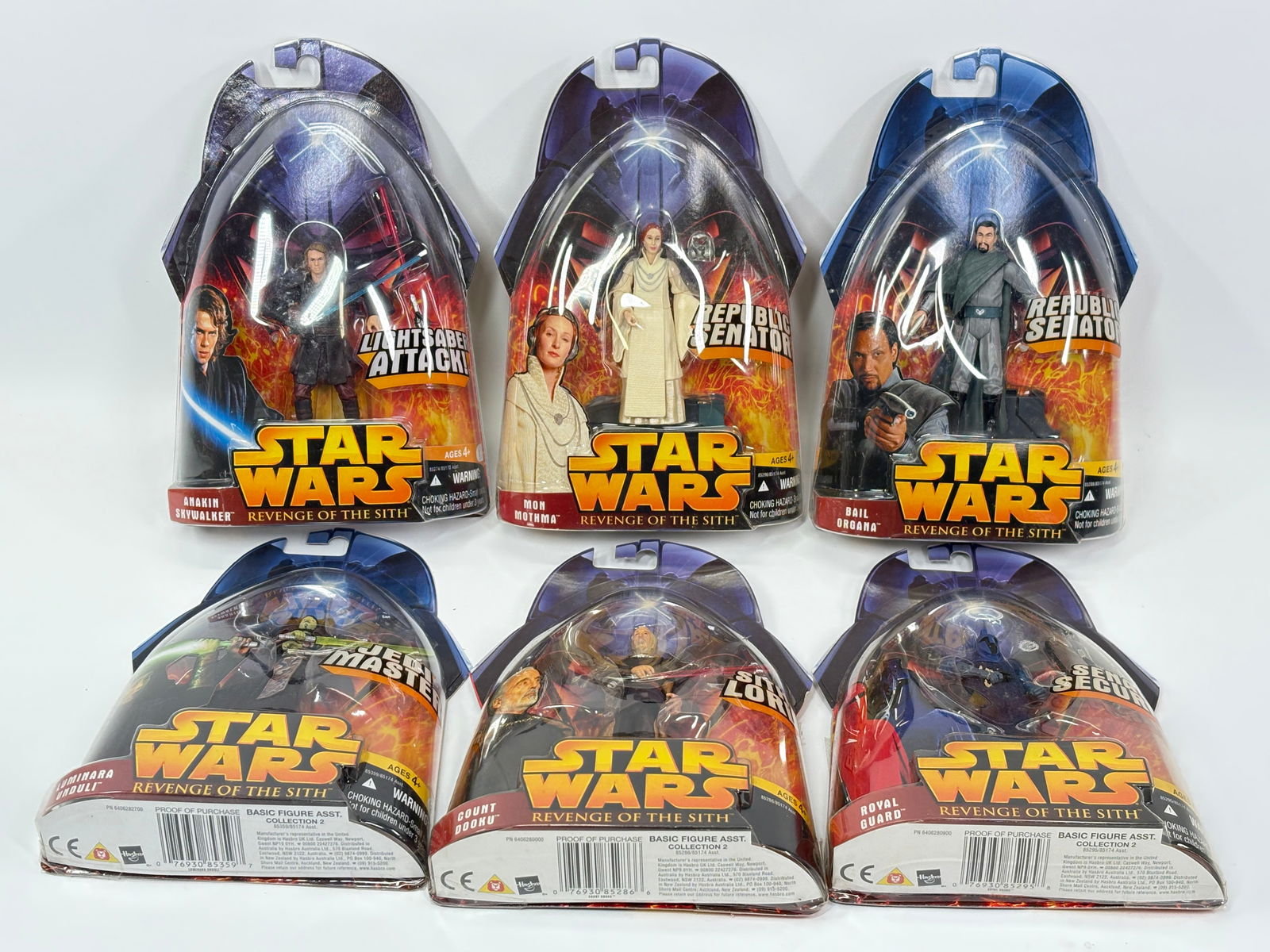 6) STAR WARS REVENGE OF THE SITH FIGURES NIP: ALL REMAIN NEW IN PACKAGE.