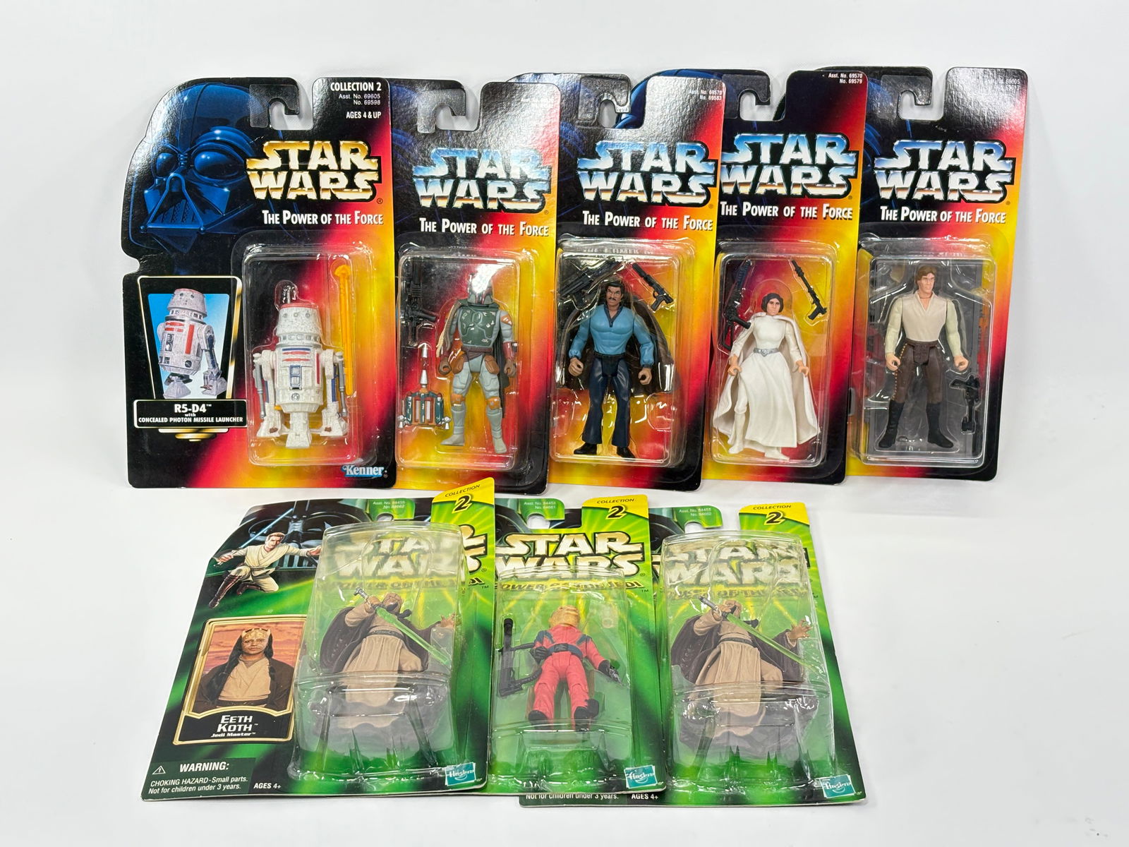 8) STAR WARS POTF & POTJ ACTION FIGURES NIP: ALL REMAIN NEW IN PACKAGE.