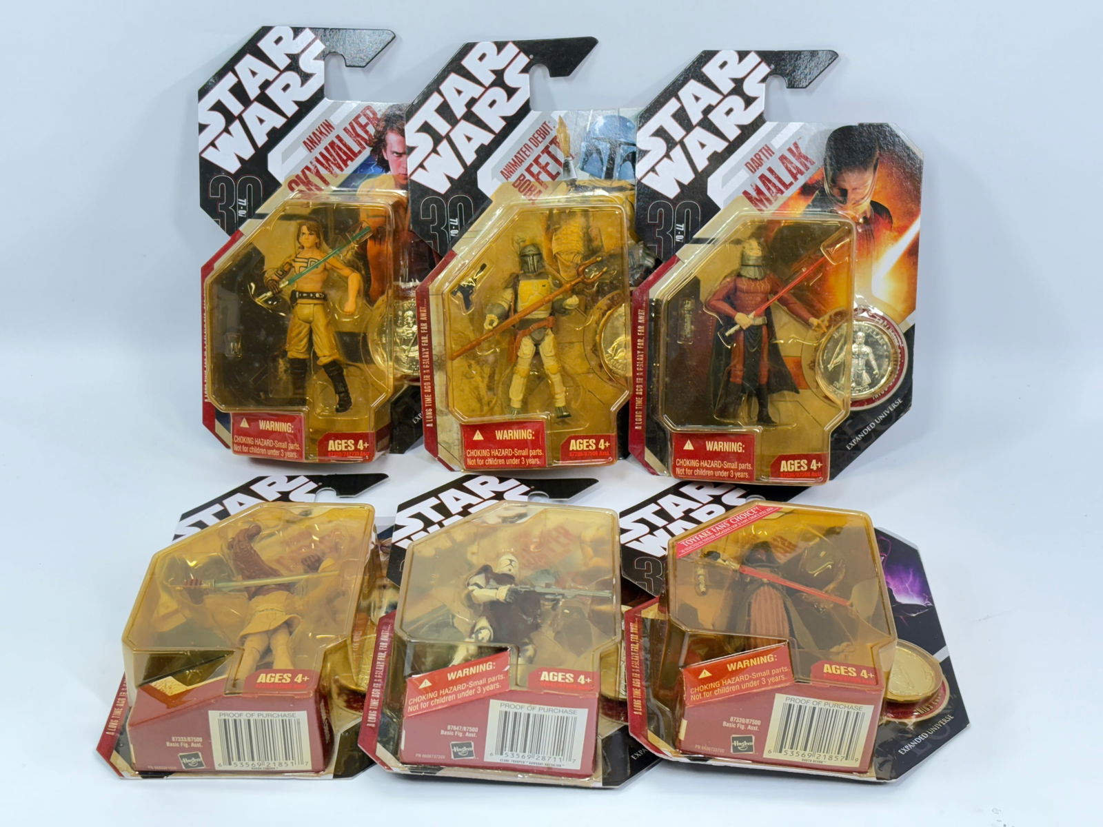 6) STAR WARS EXPANDED UNIVERSE ACTION FIGURES NIP: ALL REMAIN NEW IN PACKAGE.
