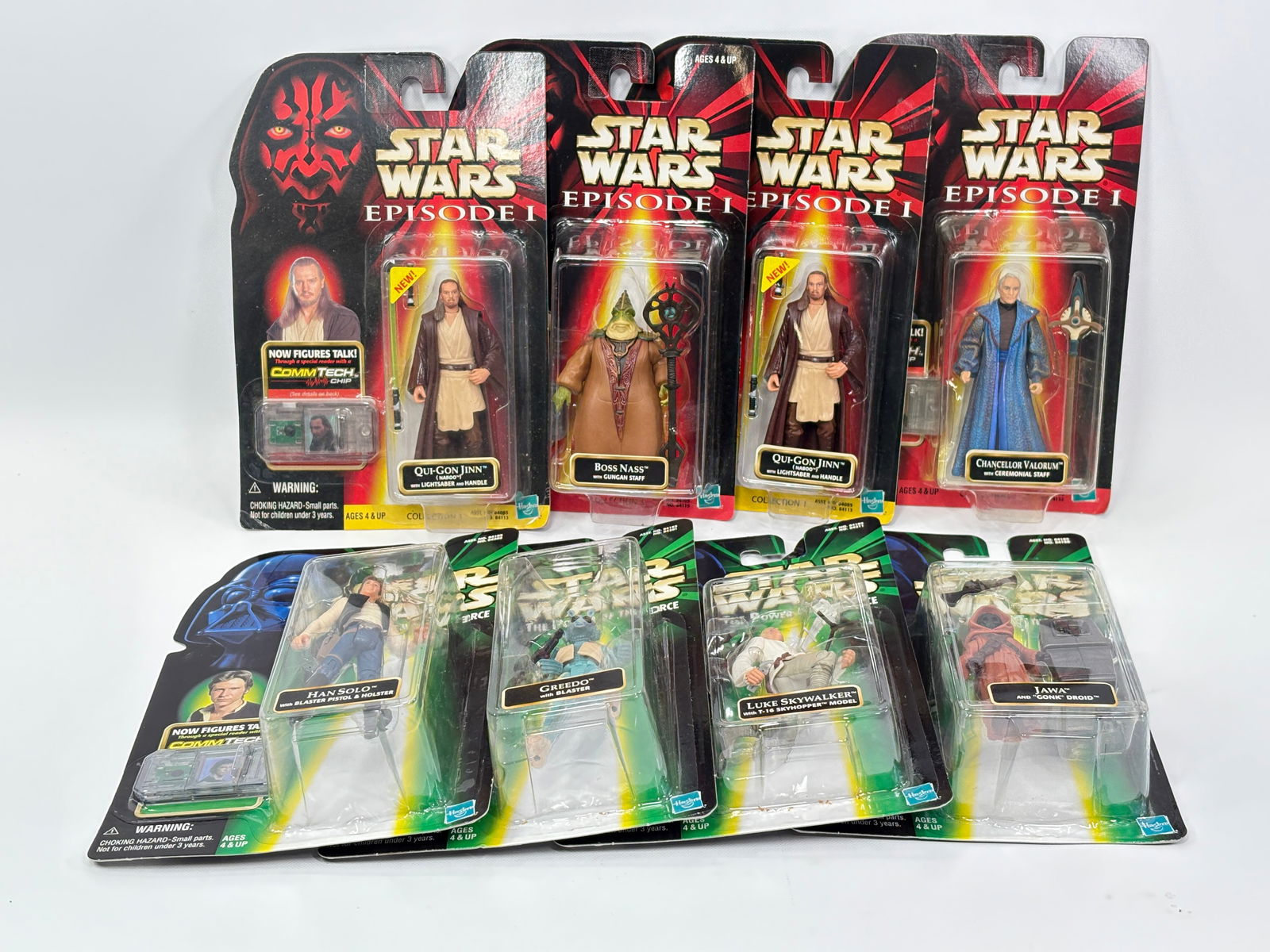 4) STAR WARS EPISODE I & 4) STAR WARS POTF FIGURES NIP: ALL REMAIN NEW IN PACKAGE.