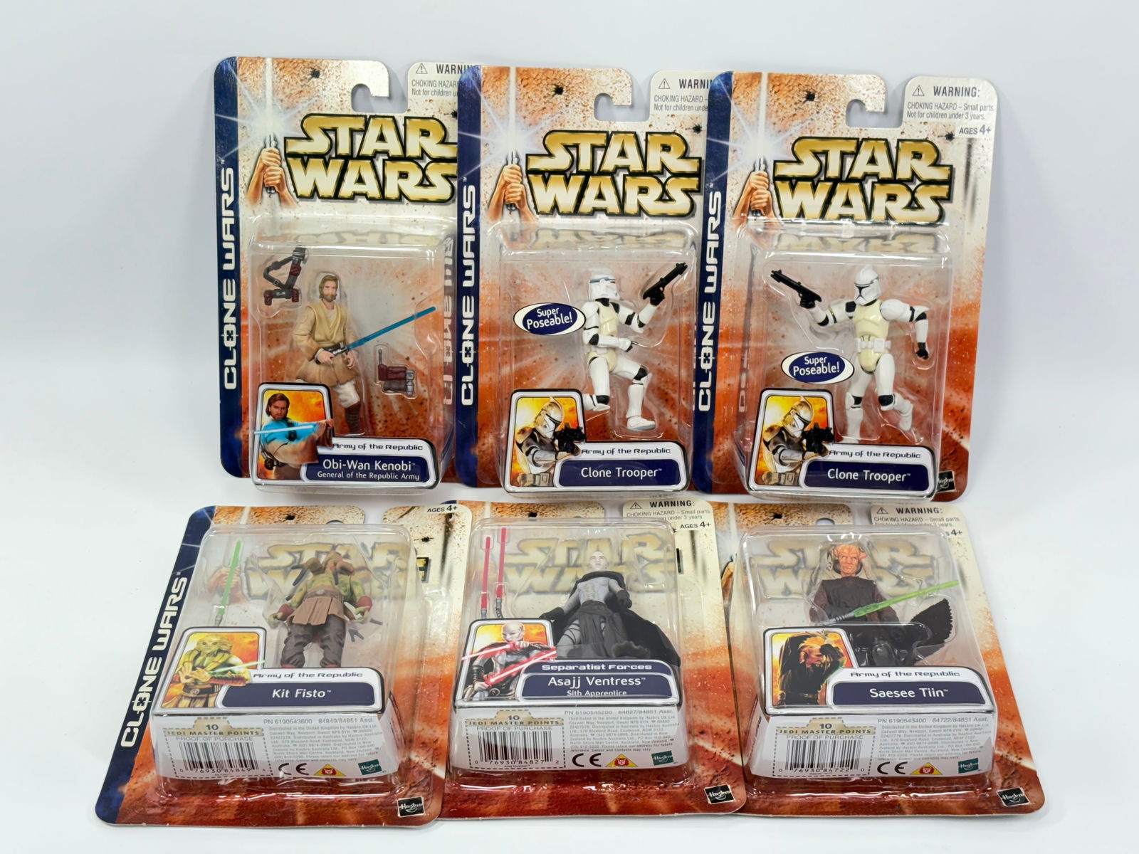 6) STAR WARS CLONE WARS ACTION FIGURES NIP: ALL REMAIN NEW IN PACKAGE.