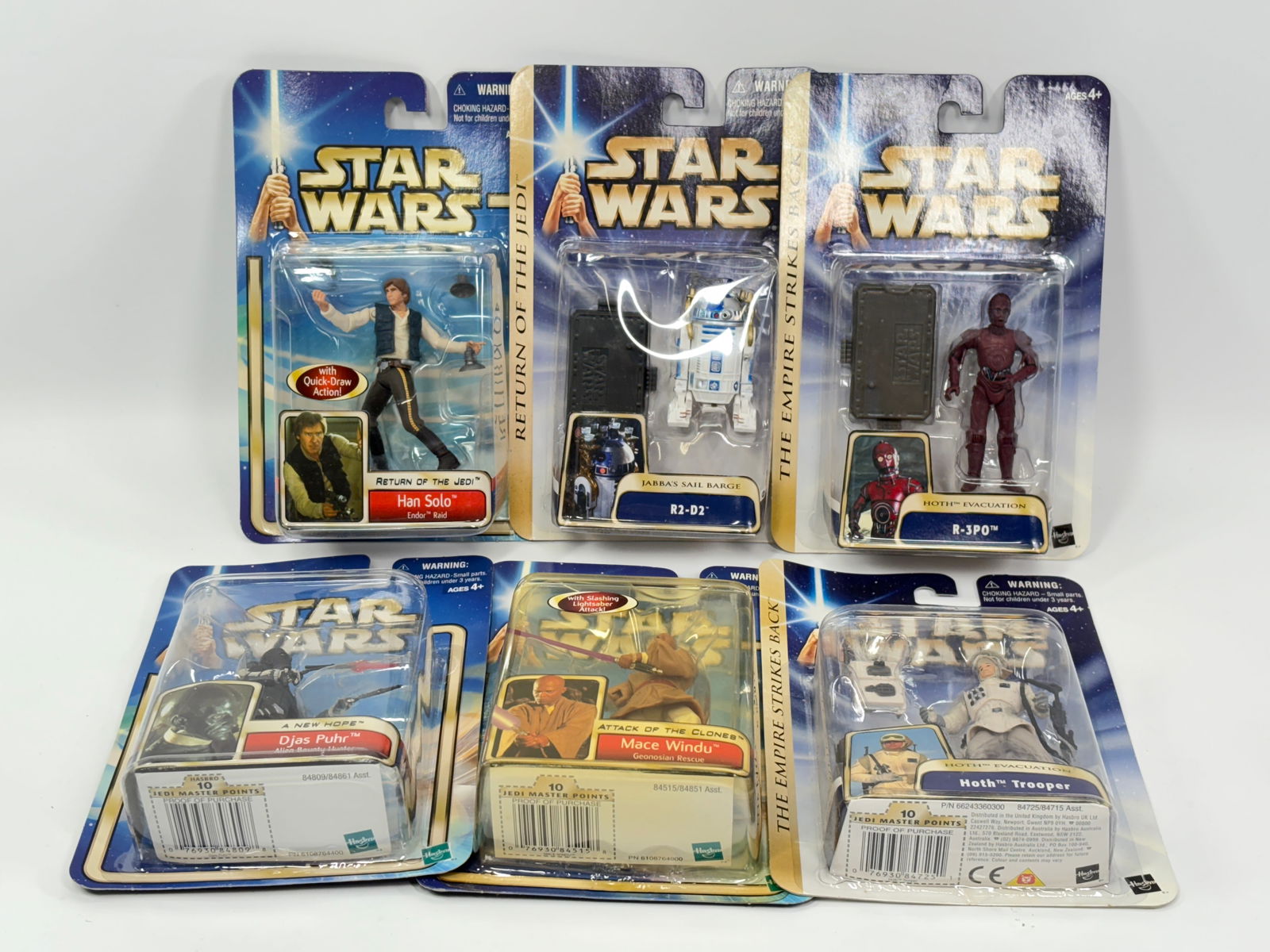 6) STAR WARS ACTION FIGURES NIP: ALL REMAIN NEW IN PACKAGE.